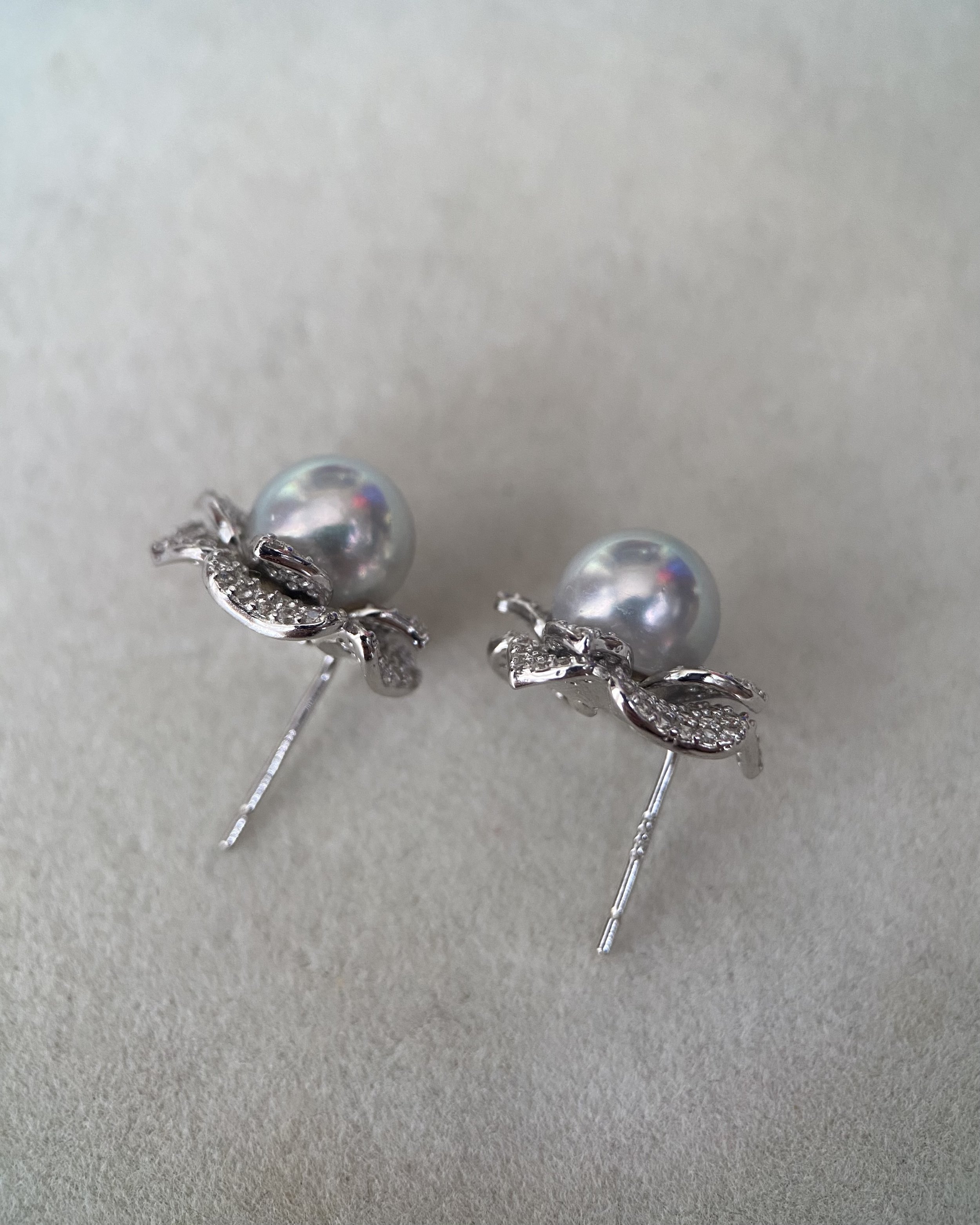 8mm Japanese Natural Silver-Grey Madama Akoya Pearl Camellia Stud Earrings, Mirror Lustre, S925 Layered Pavé CZ Petals, Show Piece