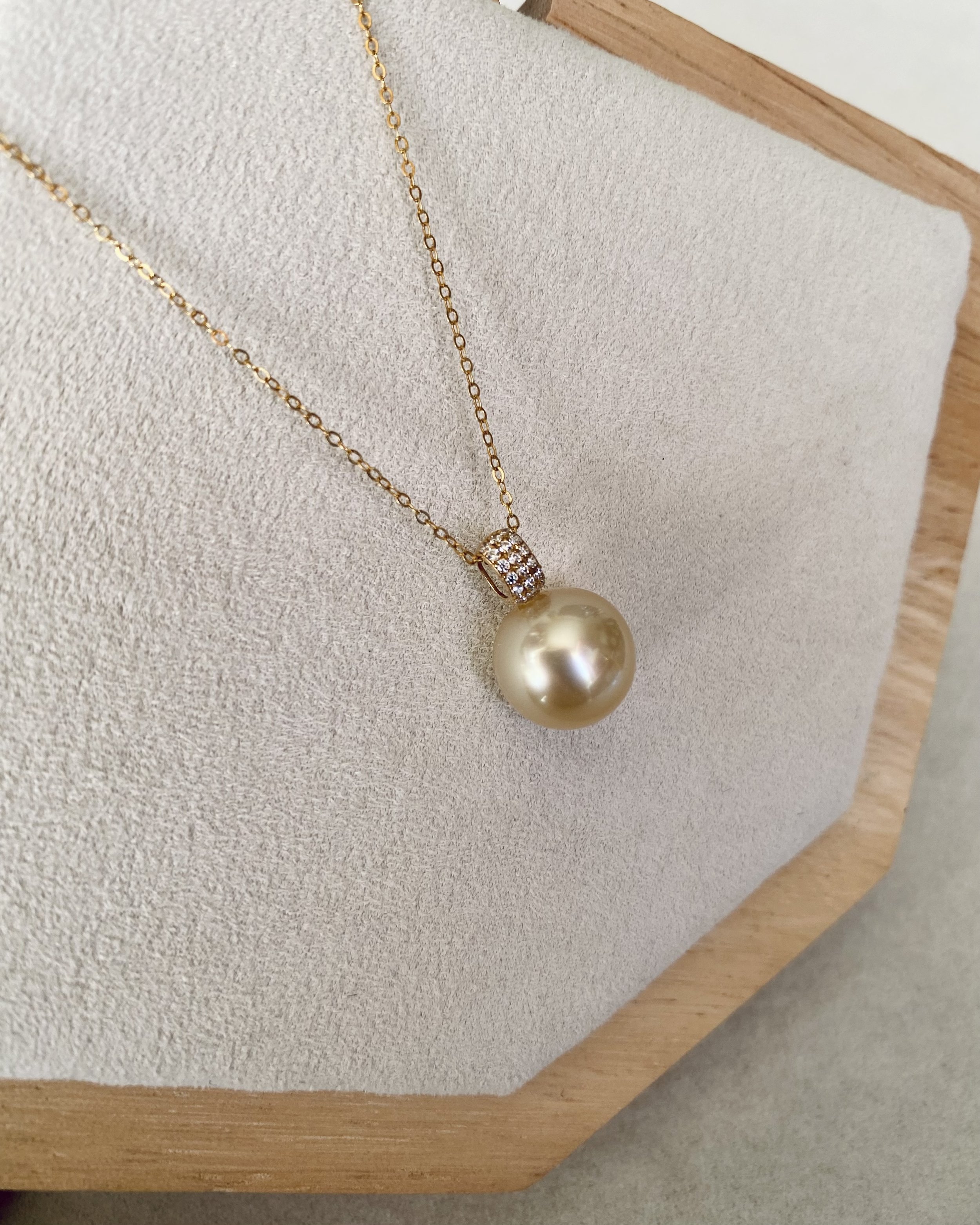 Perfectly Flawless 11.5mm Genuine Golden South Sea Pearl Pendant, Thick G18K Solid Gold Bail, Pavé CZ Diamond Accents, Mirror-Like Lustre Starlit Pearls