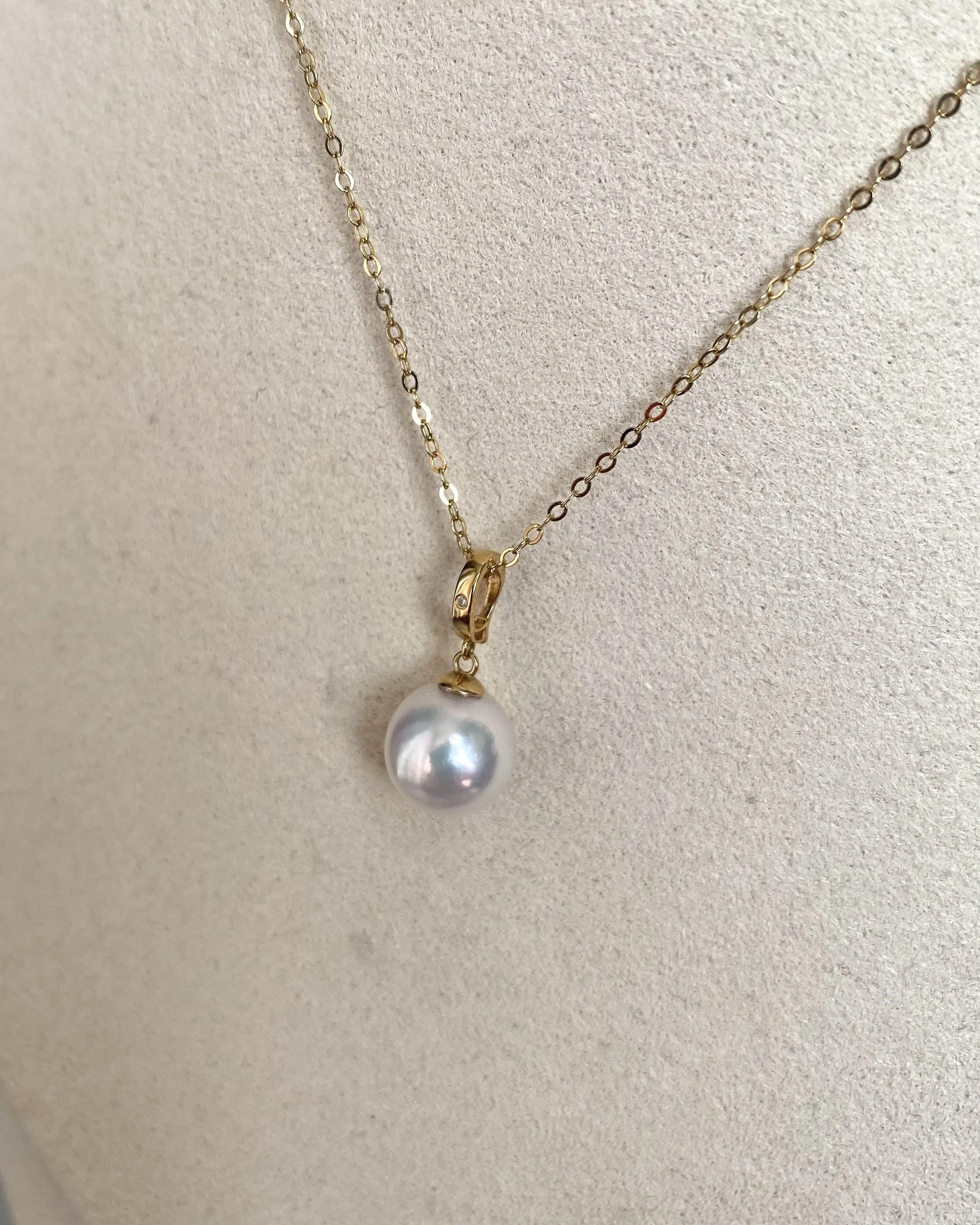 Rare 9.2mm Oversized Japanese White Akoya Pearl Pendant, Otsuki Pearl Origin, Pale Pink Overtone, Solid 18K Gold Open Clasp/D0.003CT Diamond Starlit Pearls
