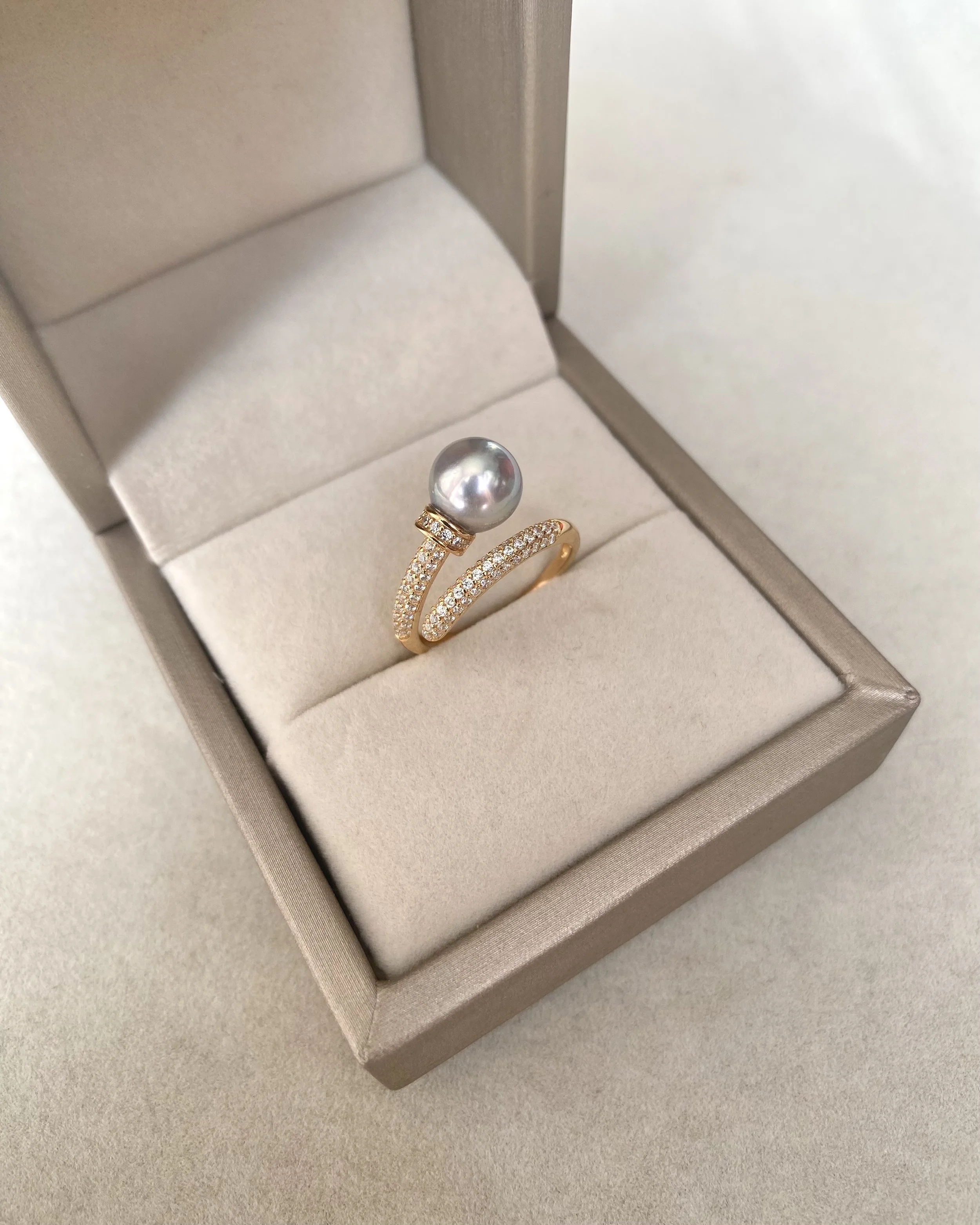 Premium 8.3mm Natural Silver-Grey Blue Japanese Madama Akoya Pearl Nail Ring, Mirror Lustre, S925 & Pavé CZ, Adjustable, Show Piece Starlit Pearls