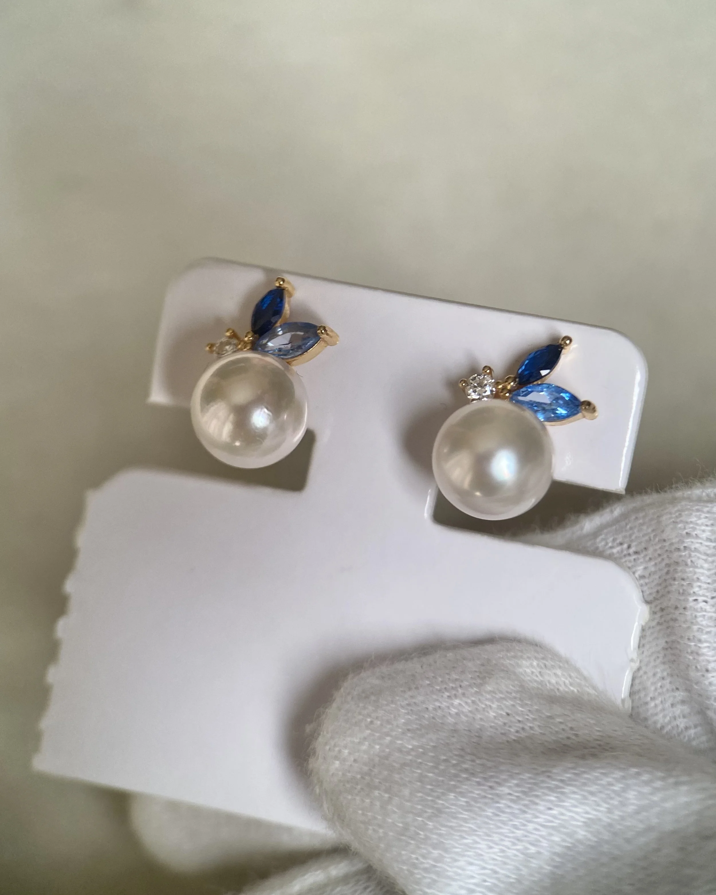 Japanese Exhibition 7.9mm Classic White Akoya Pearl Stud Earrings, Sapphire Blue Botanical Leaf Design, S925 Silver with CZ Accents Starlit Pearls