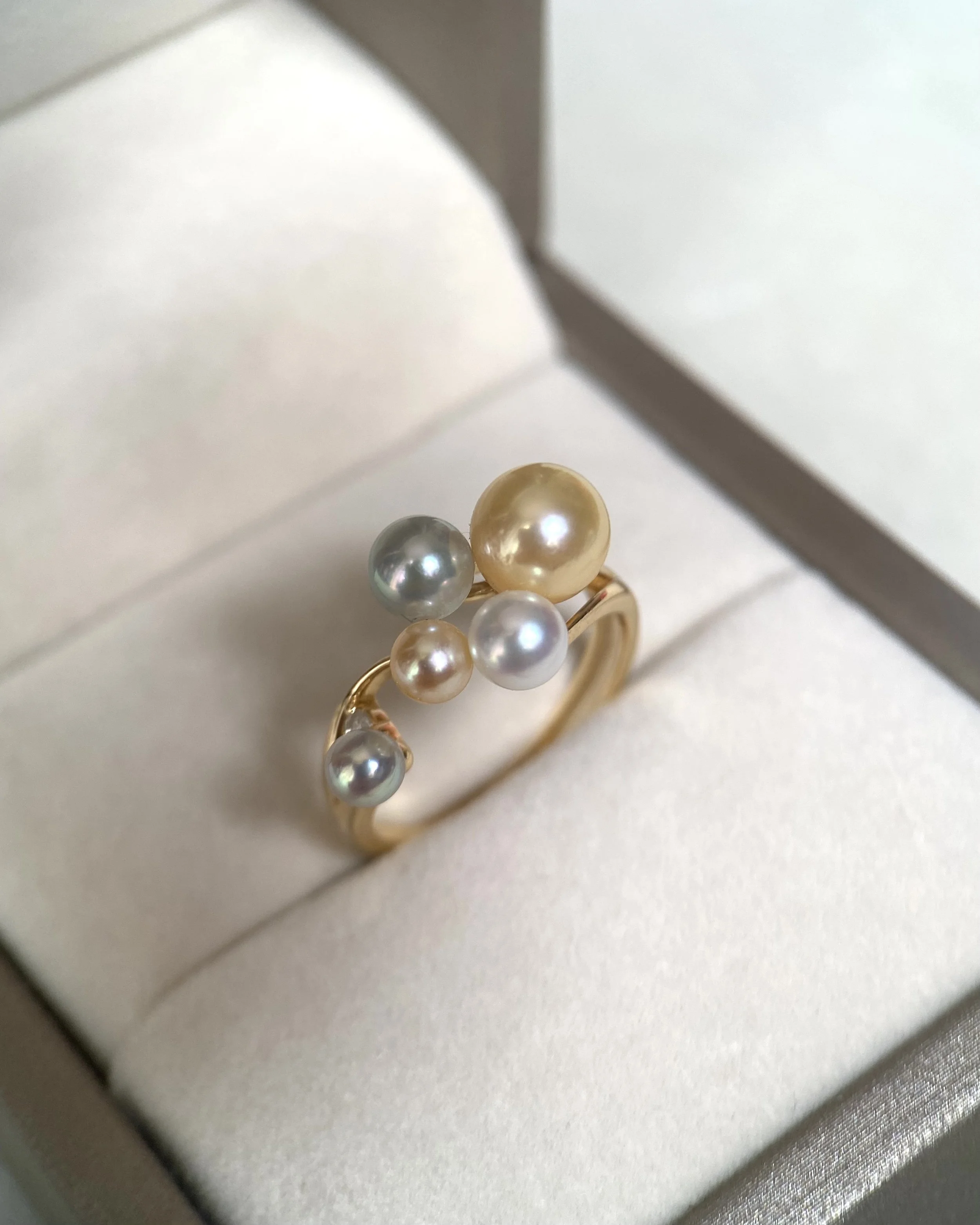 Rare Japanese Akoya Pearl Cluster Ring – Golden Dawn, Saiundama & Sairindama Pearls, Scattered Starlight Design, S925 Silver Band Starlit Pearls