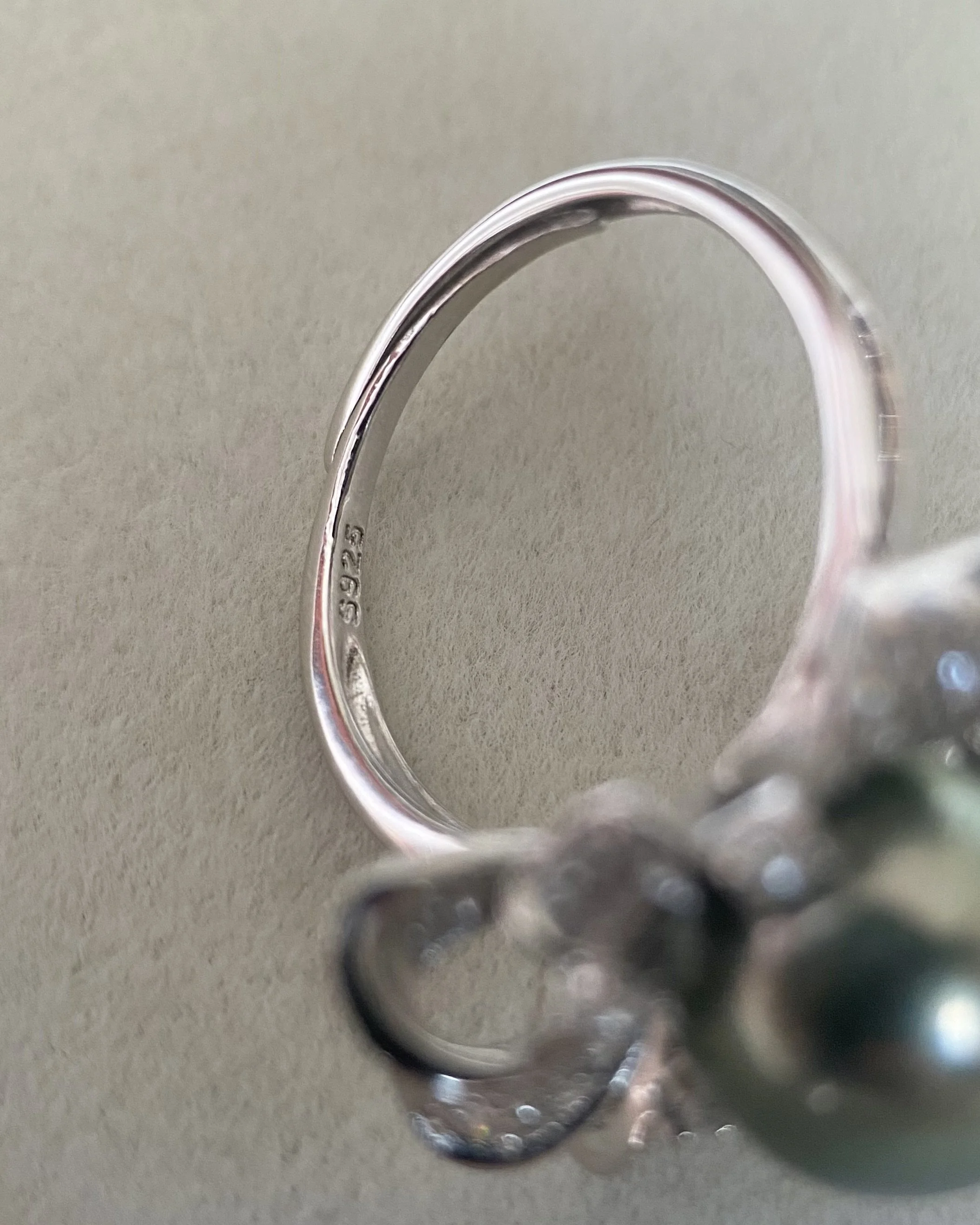 Exceptional Metallic Peacock Green Tahitian South Sea Pearl Ring 10.3mm, Adjustable S925 Sterling Silver Floral Petal Pavé Design Starlit Pearls