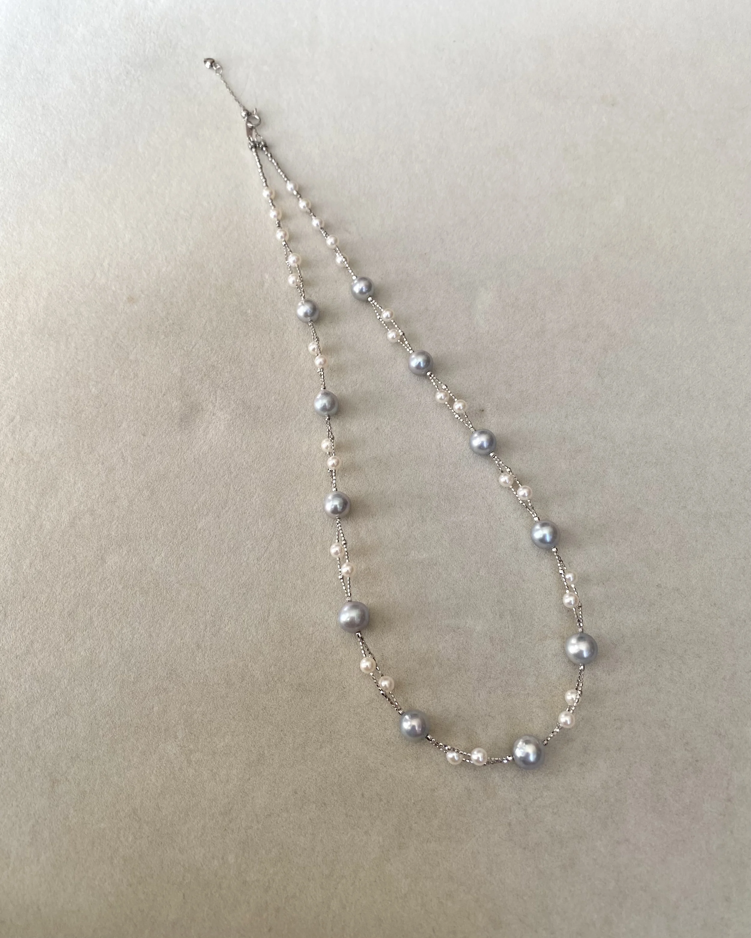 'Celestial Drift' Natural Silver-Grey Japanese Madama Akoya & Mini White Pearl Double-Strand Necklace 7–8mm/3mm, Japanese S925 Silver Starlit Pearls