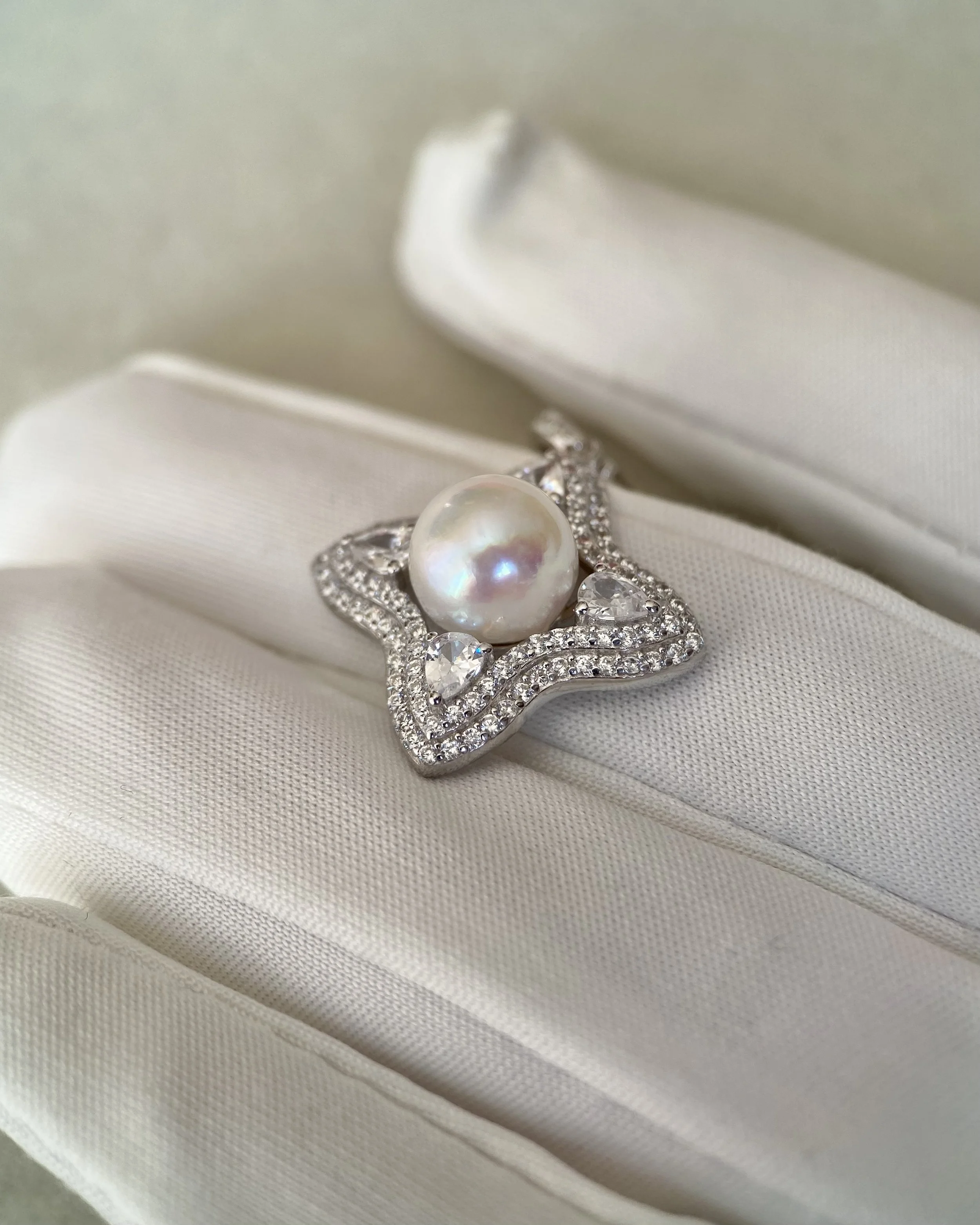 9.1mm Giant Japanese White Akoya Pearl Pendant, Silky Radiant Lustre, Sparkling Four-Point Star CZ Design, S925 Silver Clip-On Bail Starlit Pearls