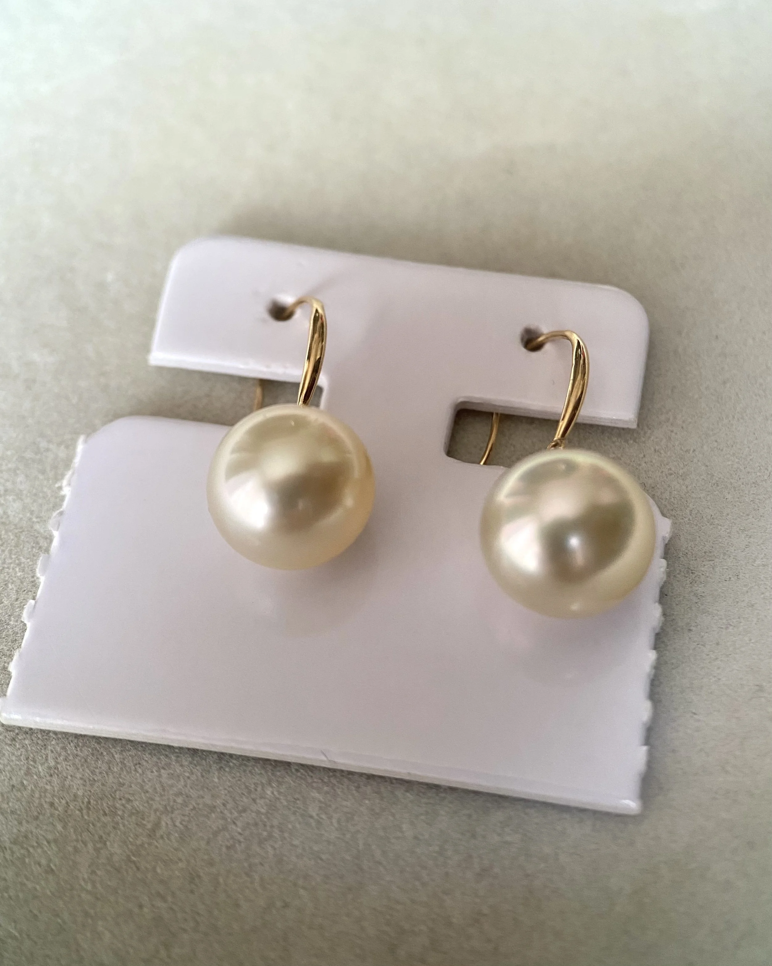 Lemon-Gold South Sea Pearl Hook Earrings 10.5mm, Flawless 6A Quality, Thick Solid 18K Gold Fittings Starlit Pearls