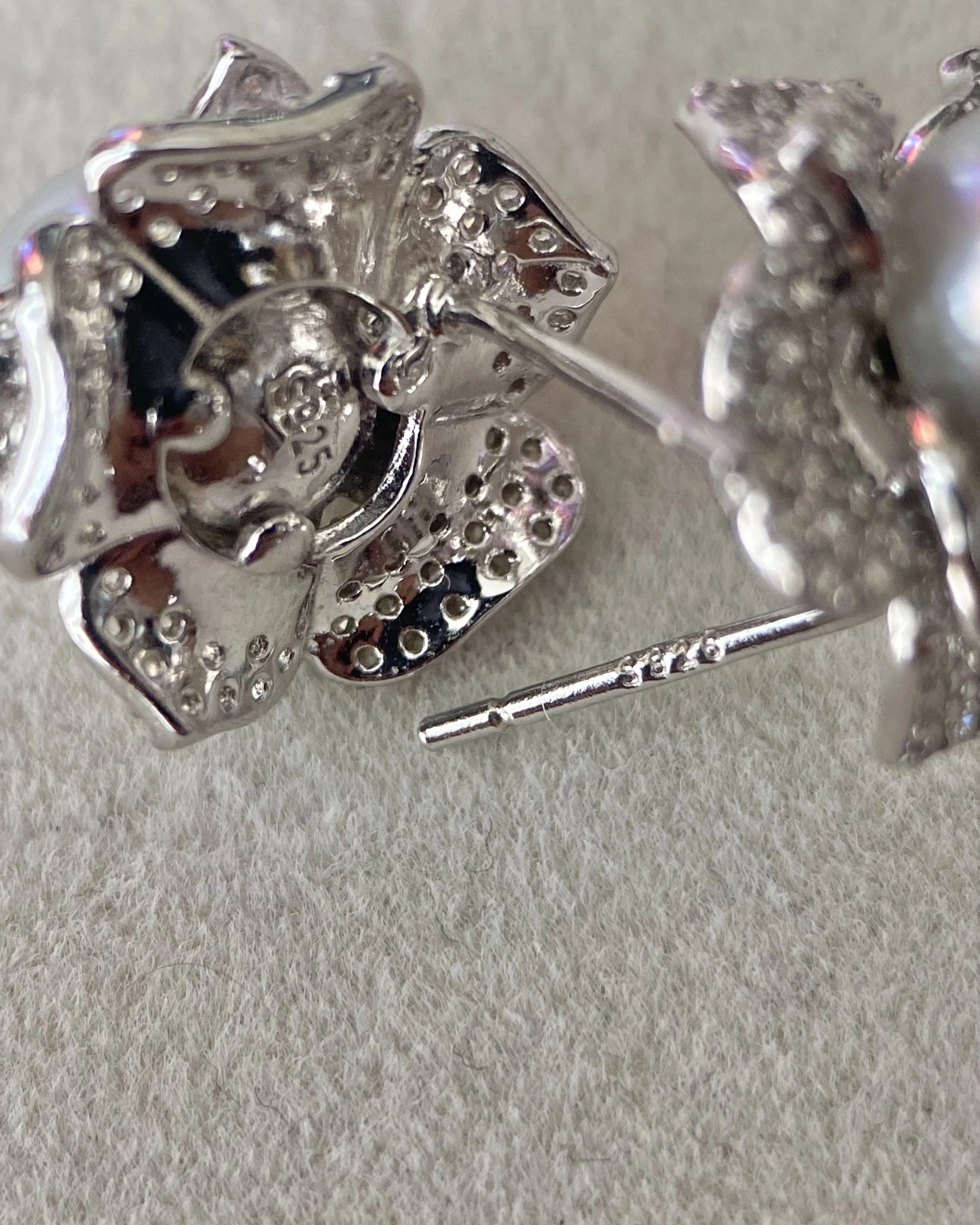 8mm Japanese Natural Silver-Grey Madama Akoya Pearl Camellia Stud Earrings, Mirror Lustre, S925 Layered Pavé CZ Petals, Show Piece