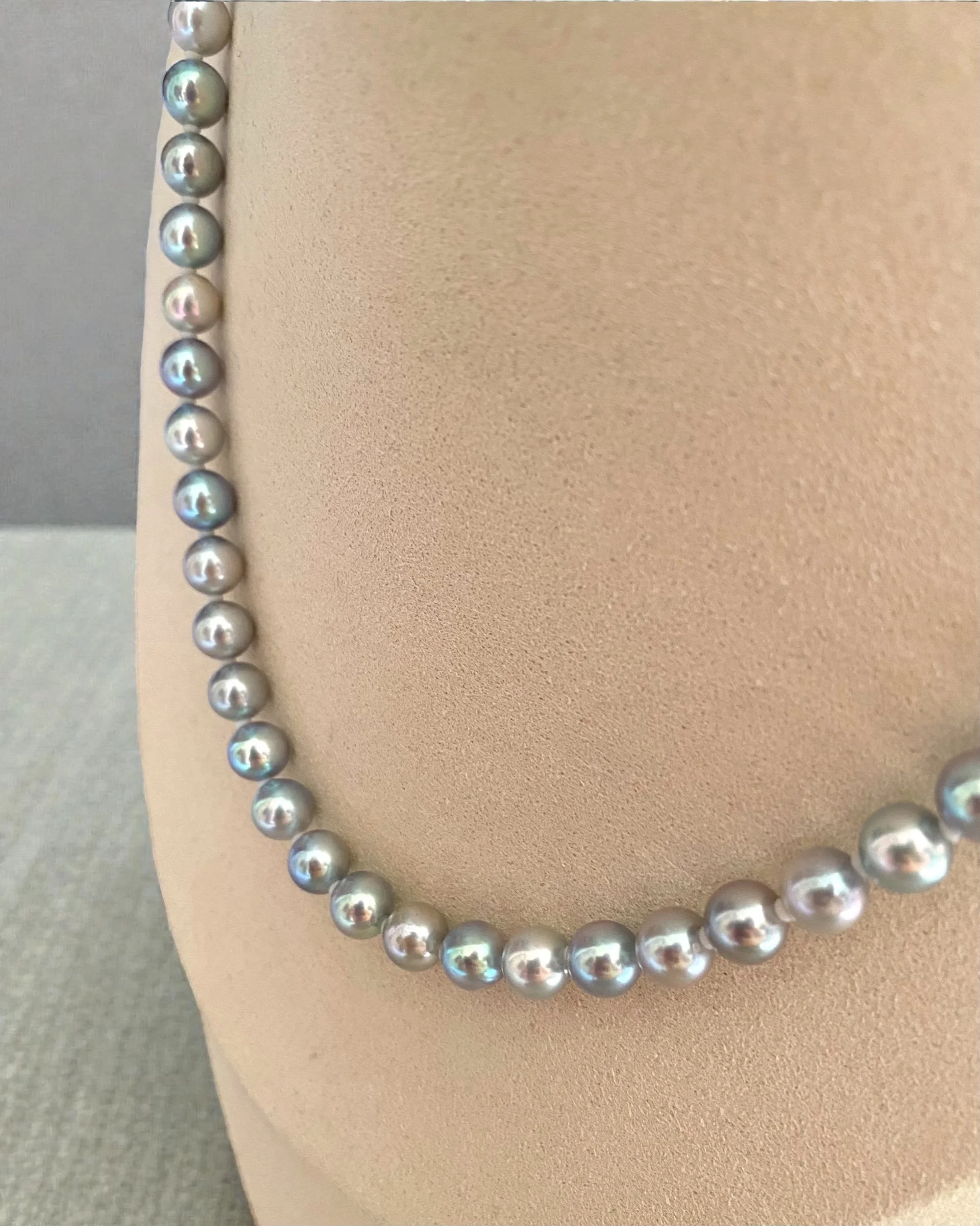 Ultra-Rare Japanese Metallic Electric-Blue Madama Akoya Pearl Necklace, 7–7.5mm, Rainbow Overtones & High-Mirror Lustre – S925 Silver Clasp Starlit Pearls