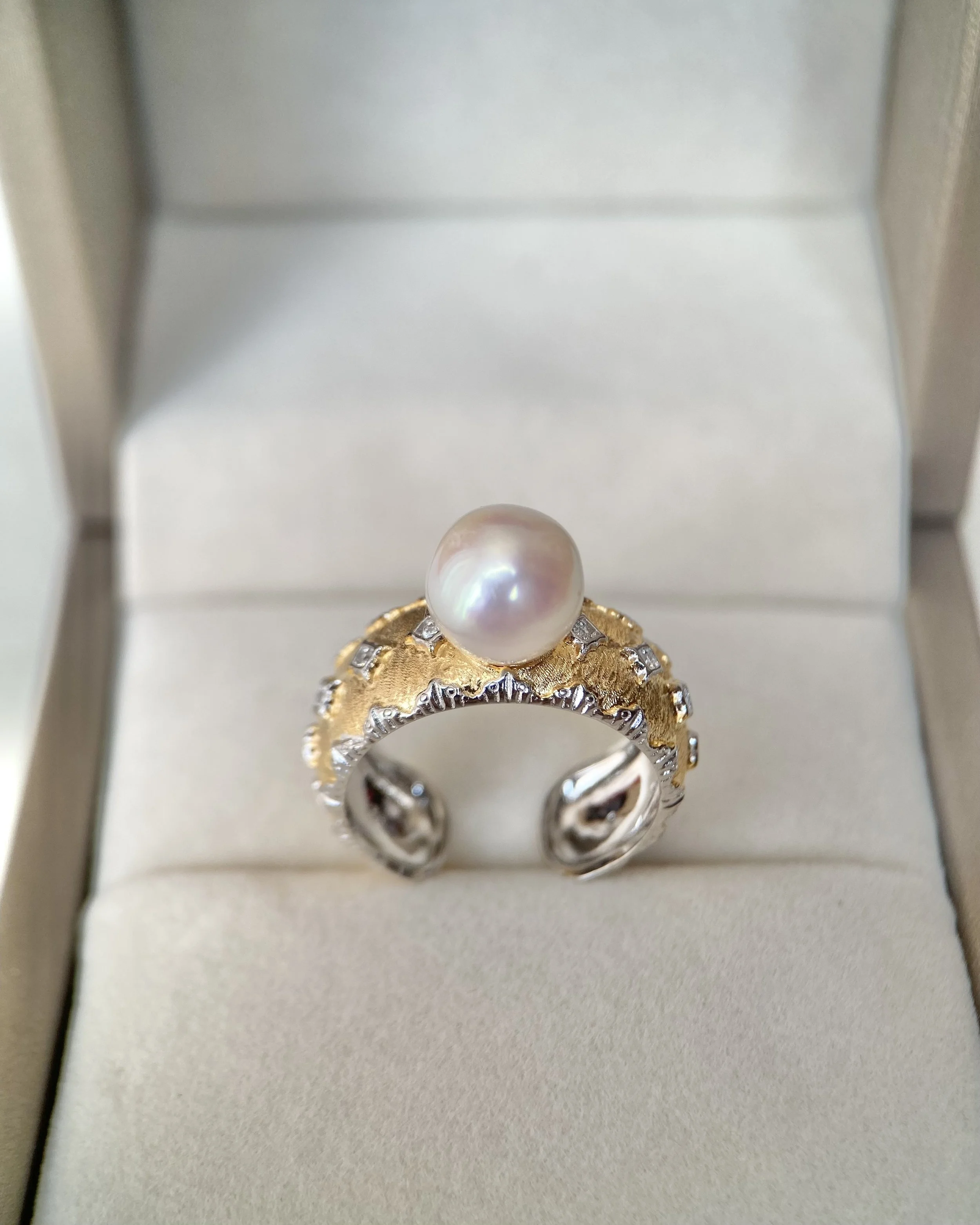Rare Japanese White-Clear Akoya Pearl Ring 8.5mm, Soft Pink Overtone, Elegant Two-Tone Engraved S925 Silver Adjustable Wide Band Starlit Pearls
