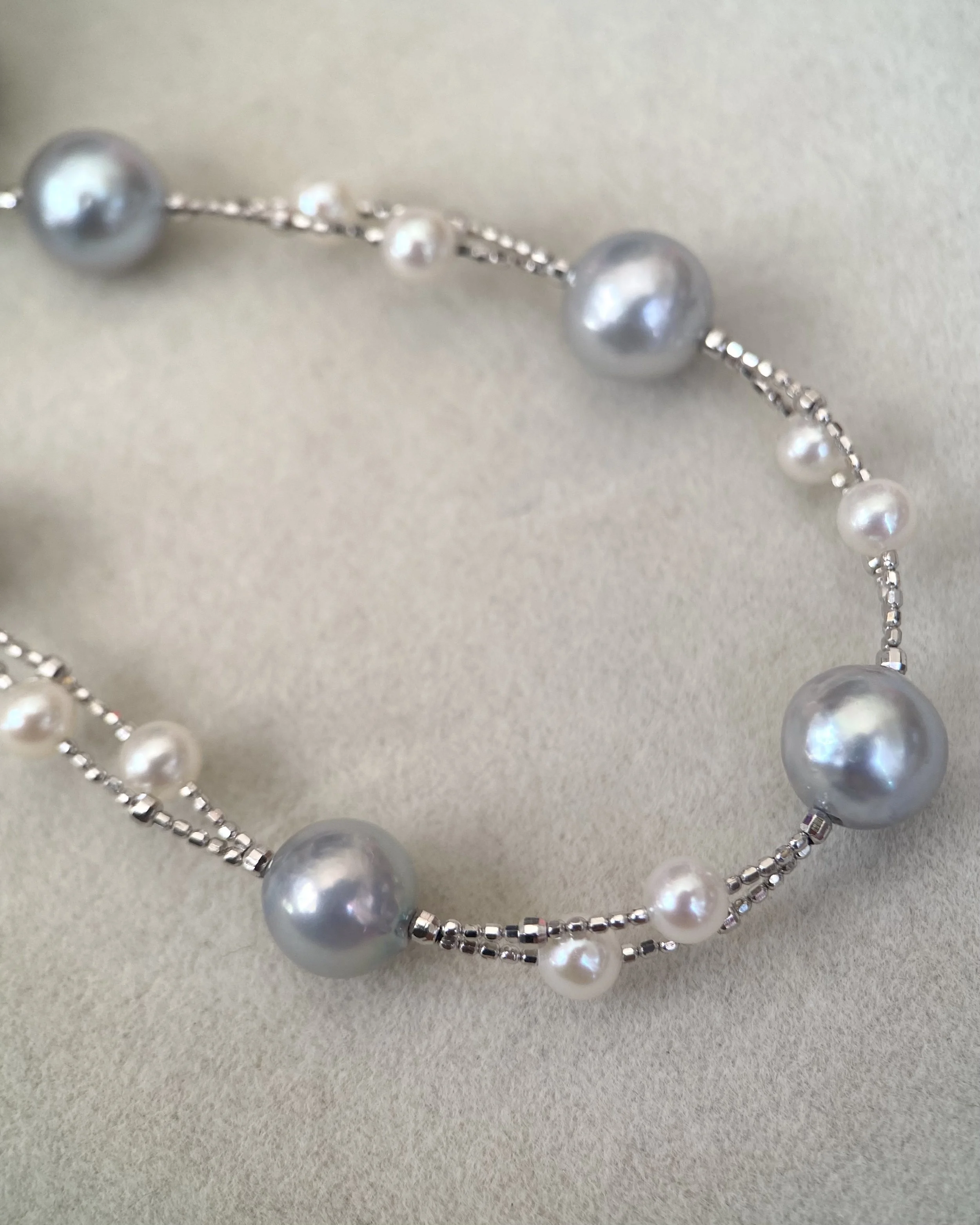 'Celestial Drift' Natural Silver-Grey Japanese Madama Akoya & Mini White Pearl Double-Strand Necklace 7–8mm/3mm, Japanese S925 Silver Starlit Pearls
