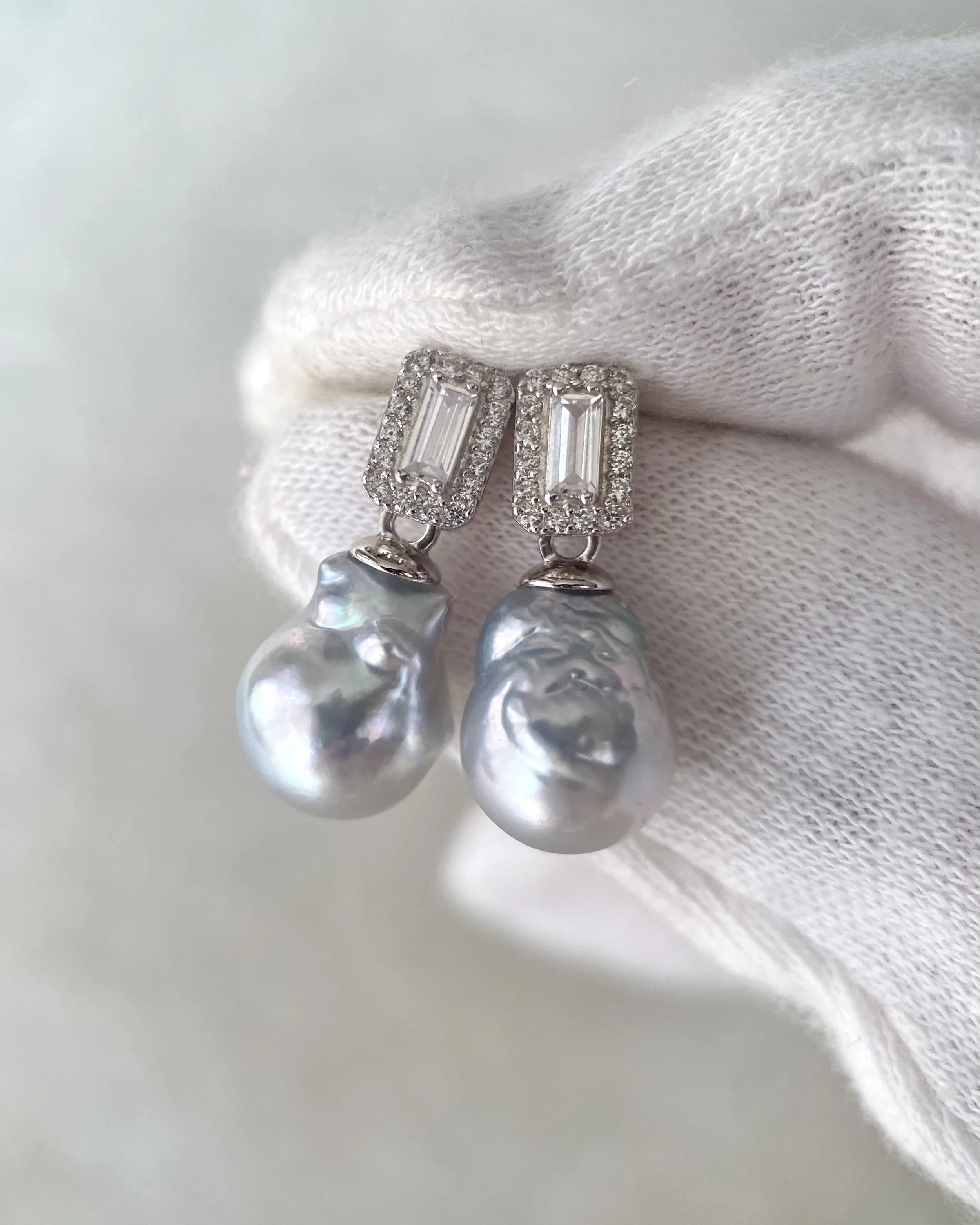 Rare Silver Australian South Sea Baroque Pearl Drop Earrings 11mm, Cool Icy Silver Lustre, S925 Silver Baguette CZ Design, Show Piece Starlit Pearls