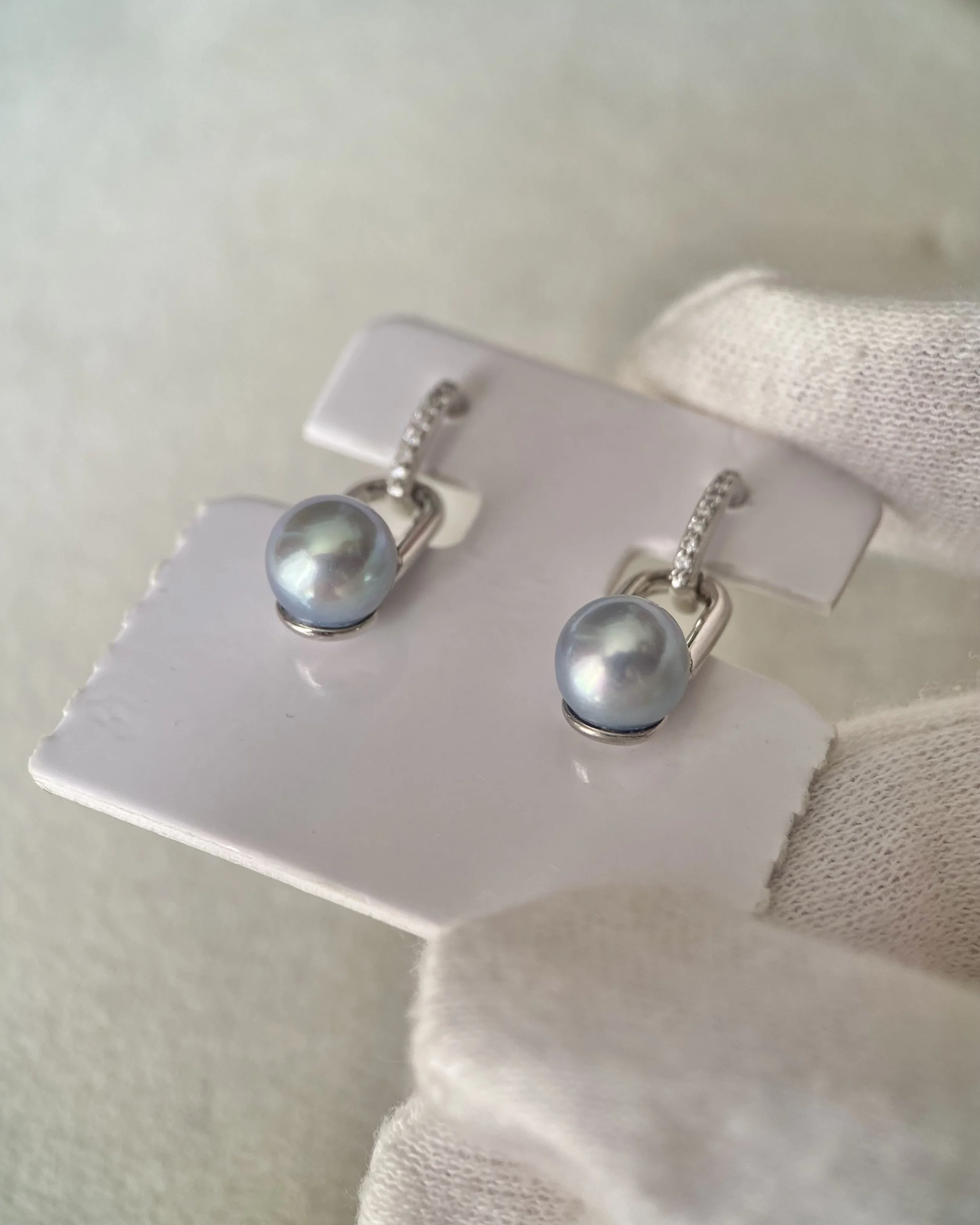 Natural Icy Blue Japanese Madama Akoya Pearl Link Drop Earrings 7.2–7.3mm, Pavé CZ Two-Part S925 Silver, Japan Jewellery Show Piece Starlit Pearls