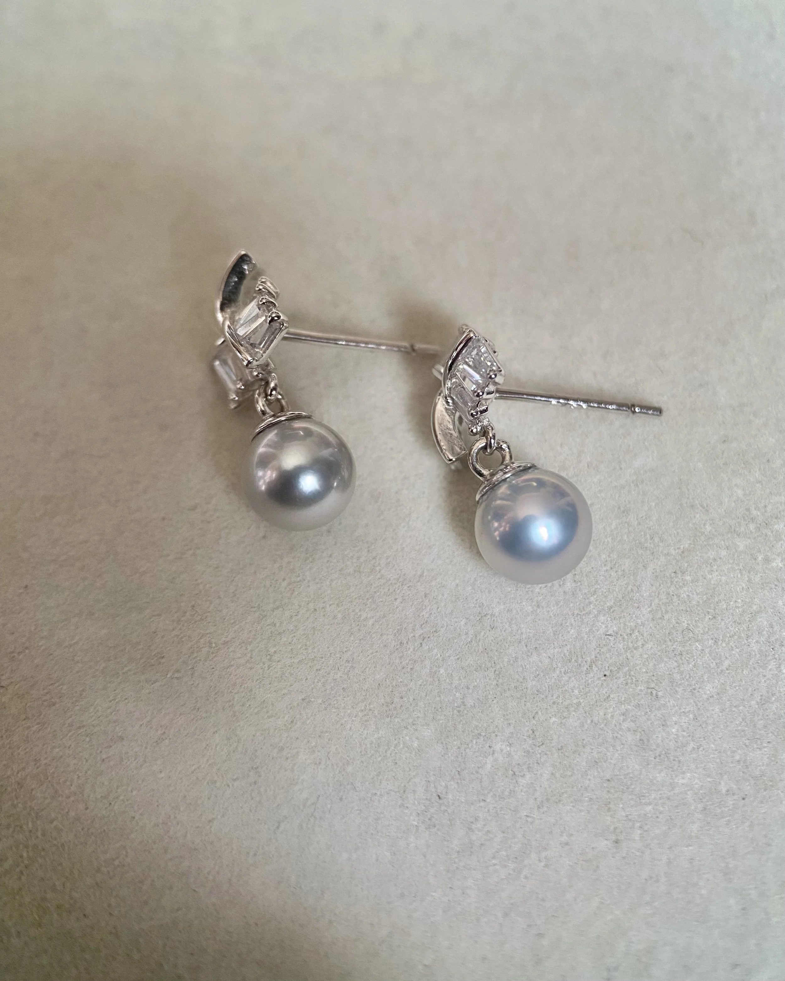 Japanese Madama Akoya Pearl Earrings 6.7mm, Cool-Toned Silver-Grey, Flawless, S925 Silver Ribbon Fan_Baguette CZ, Exhibition Piece
