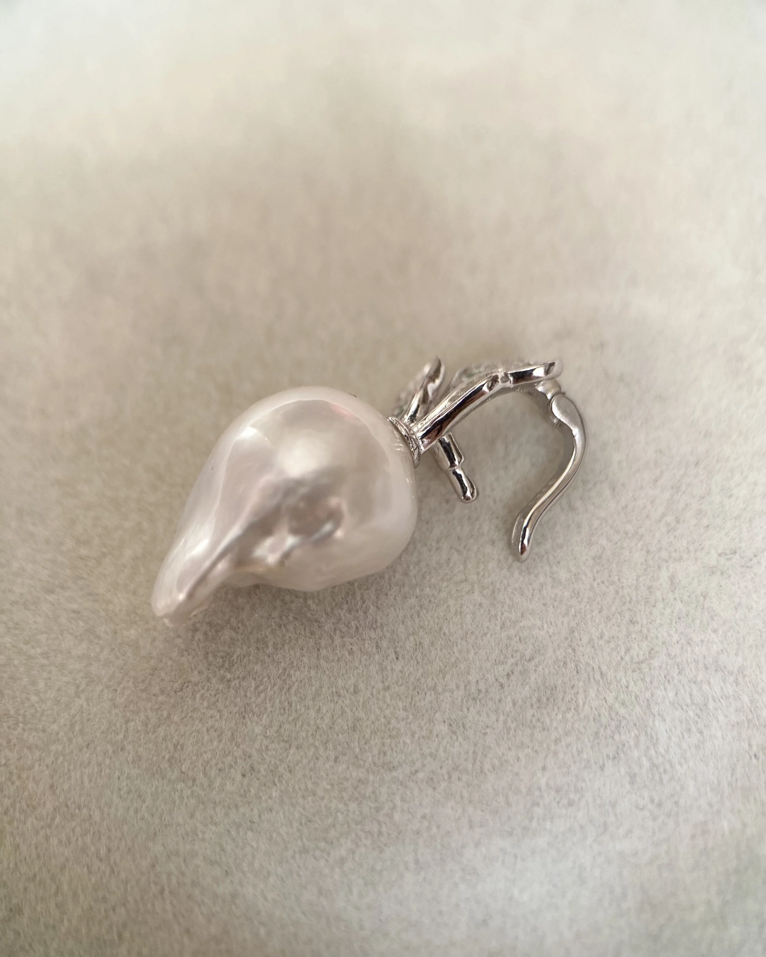 Rare 16mm Australian White South Sea Baroque Pearl Radish Pendant, Sculptural Botanical Design, Japanese S925 Silver CZ Hinged Bail Starlit Pearls