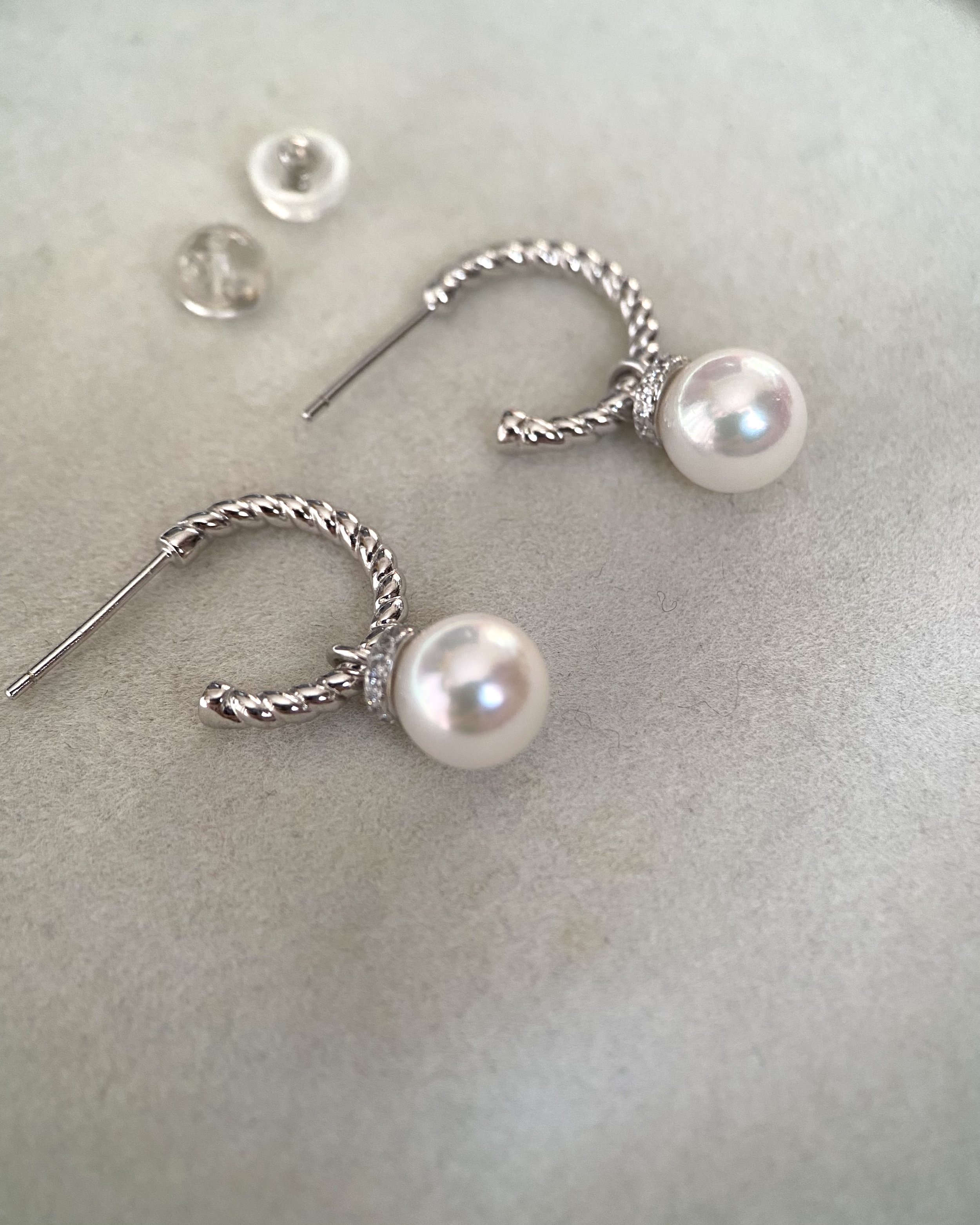 2-in-1 Convertible Top Gr. “Specially Selected” Japanese Crystal White Akoya Pearl Earrings 8mm, S925 Silver Rope-Twist Hoops/Pendant Starlit Pearls