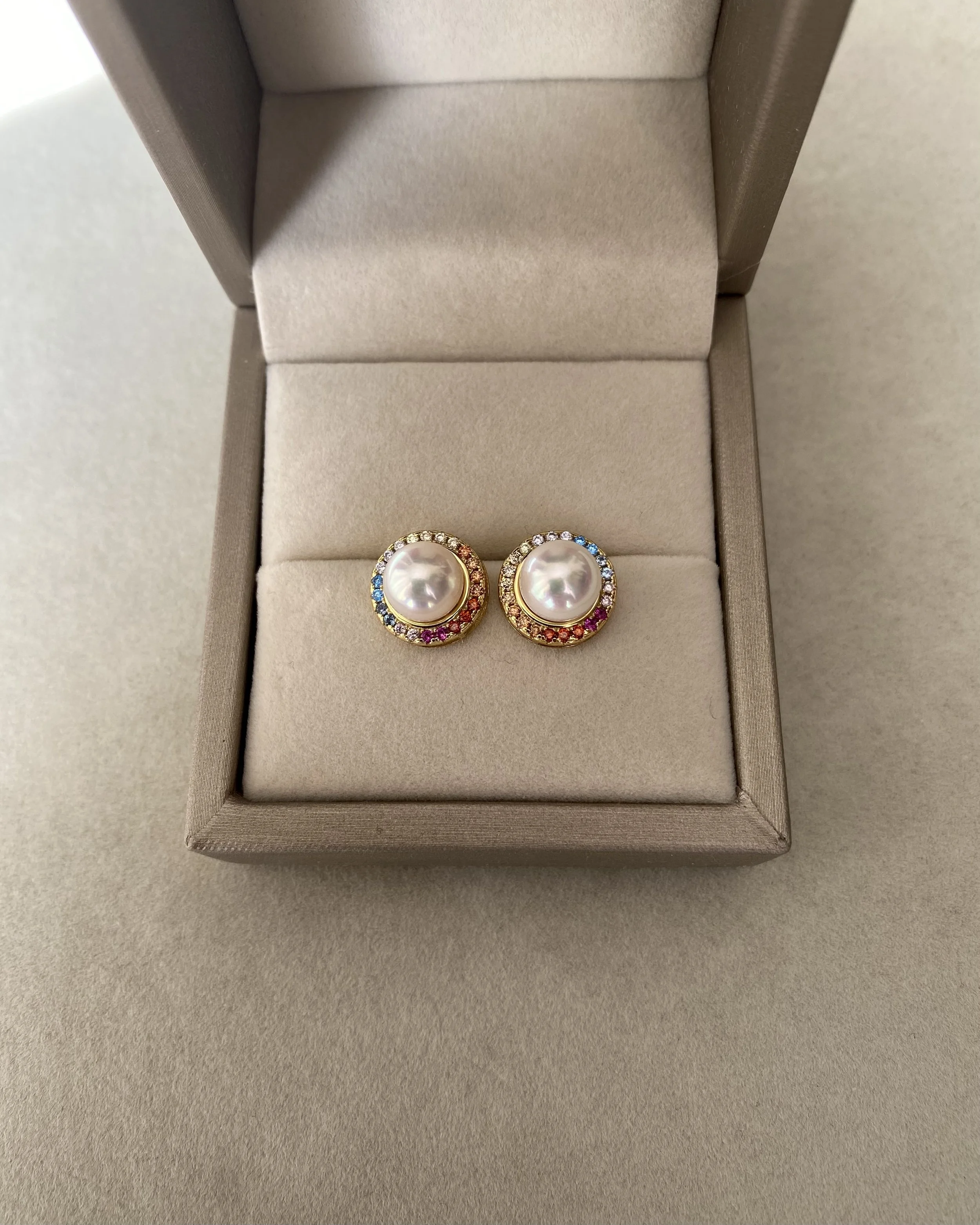 Rare Padparadscha_Japanese Akoya Pearl Earrings, 8mm Tennyo, White-Rose Overtone, S925 Bezel-Set with Rainbow Sapphire Halo, Showpiece Starlit Pearls