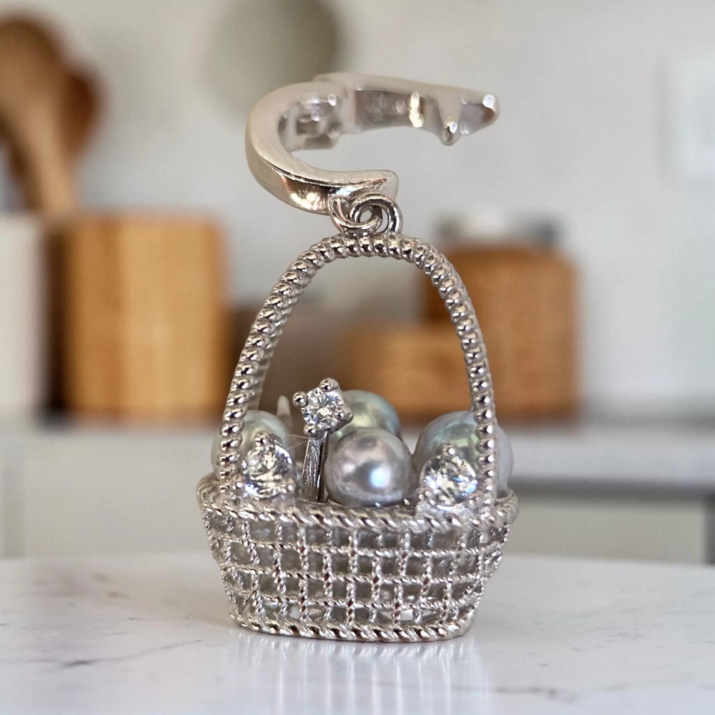 Top Gr Japanese Silver-Grey Saiundama Akoya Pearl Pendant, Sculptural 3D Woven Treasure Basket with Four Pearls_CZ_S925, Show Piece Starlit Pearls
