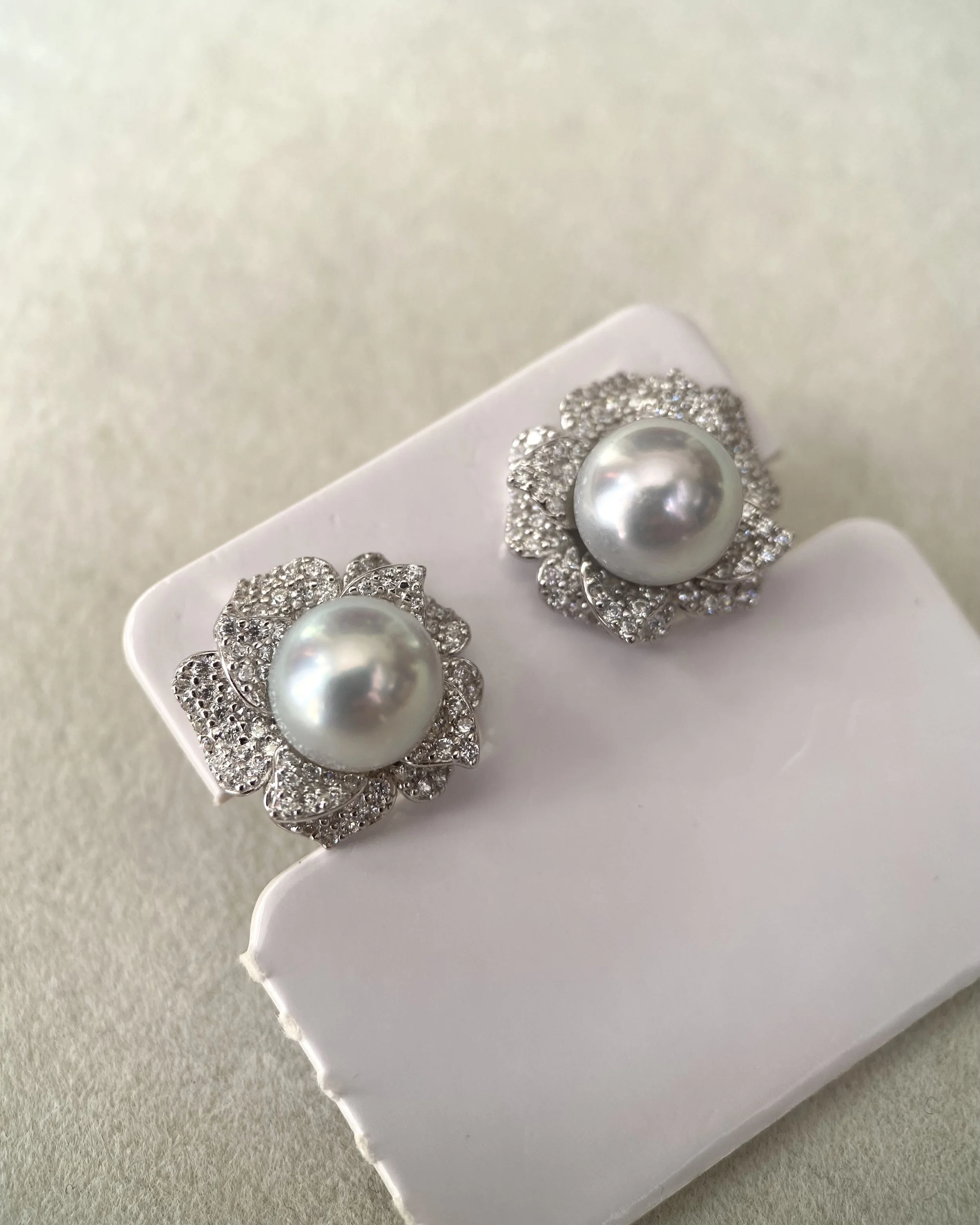 8mm Japanese Natural Silver-Grey Madama Akoya Pearl Camellia Stud Earrings, Mirror Lustre, S925 Layered Pavé CZ Petals, Show Piece