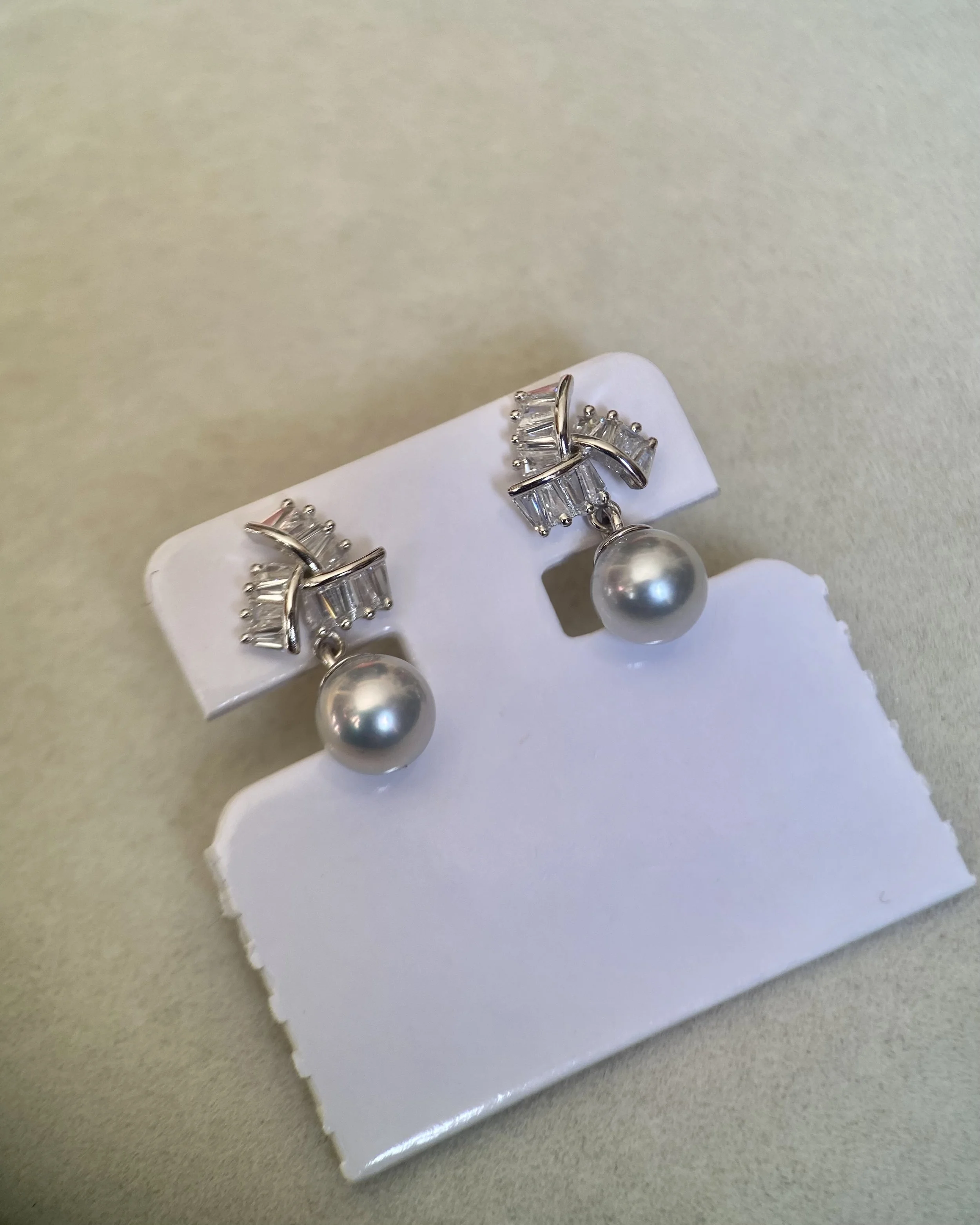 Japanese Madama Akoya Pearl Earrings 6.7mm, Cool-Toned Silver-Grey, Flawless, S925 Silver Ribbon Fan_Baguette CZ, Exhibition Piece