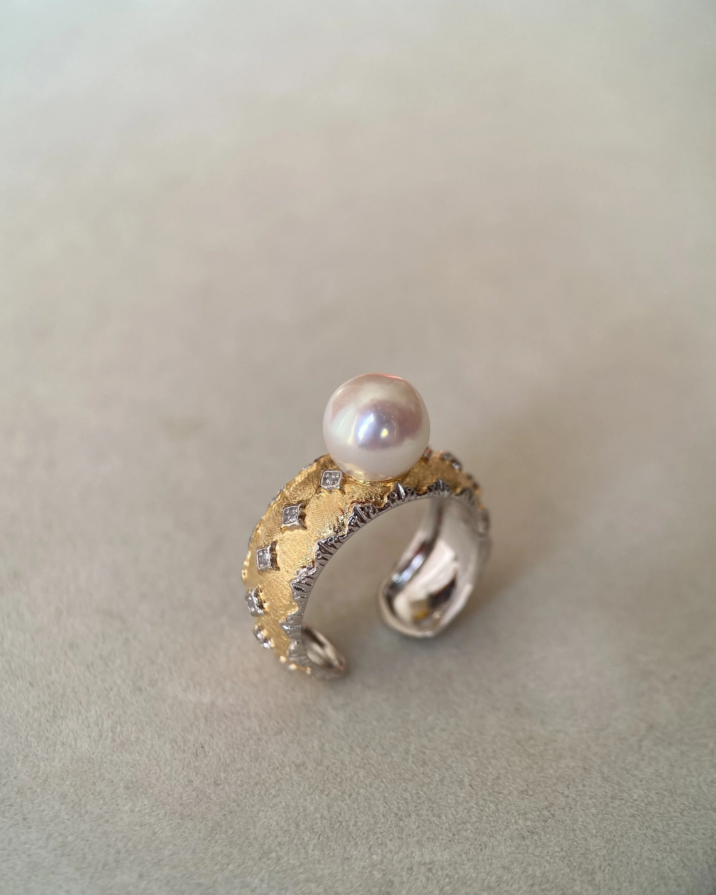 Rare Japanese White-Clear Akoya Pearl Ring 8.5mm, Soft Pink Overtone, Elegant Two-Tone Engraved S925 Silver Adjustable Wide Band Starlit Pearls