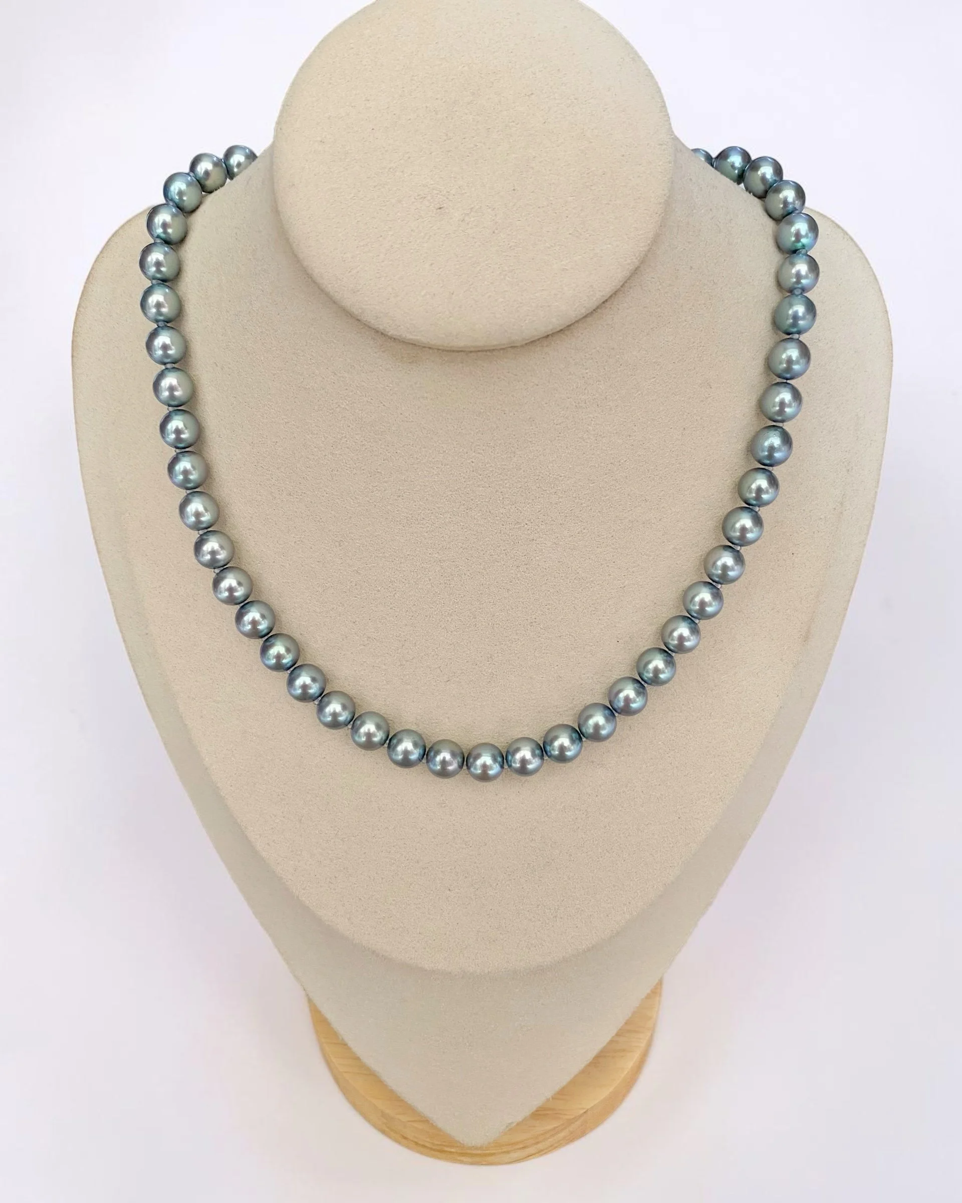 Rare Mesmerising Lagoon Blue Overtones_Japanese Silver-Blue Madama Akoya Pearl Necklace 8–9mm, Exceptional Matching, Geometric S925 Starlit Pearls