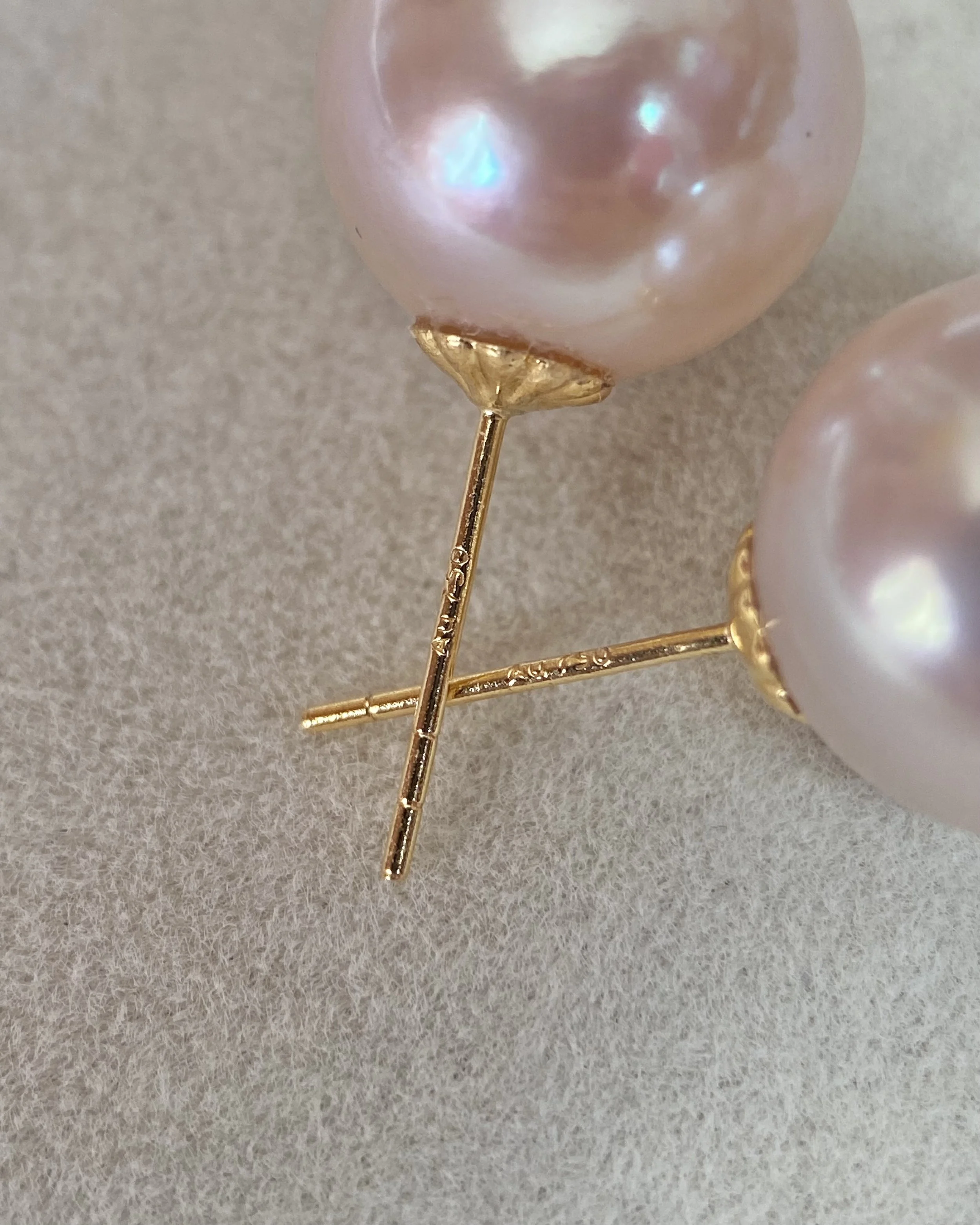 18K Gold Posts_Rare Japanese Rose Pink Freshwater Pearl Stud Earrings 11.3mm, AU750, Mirror Lustre Starlit Pearls