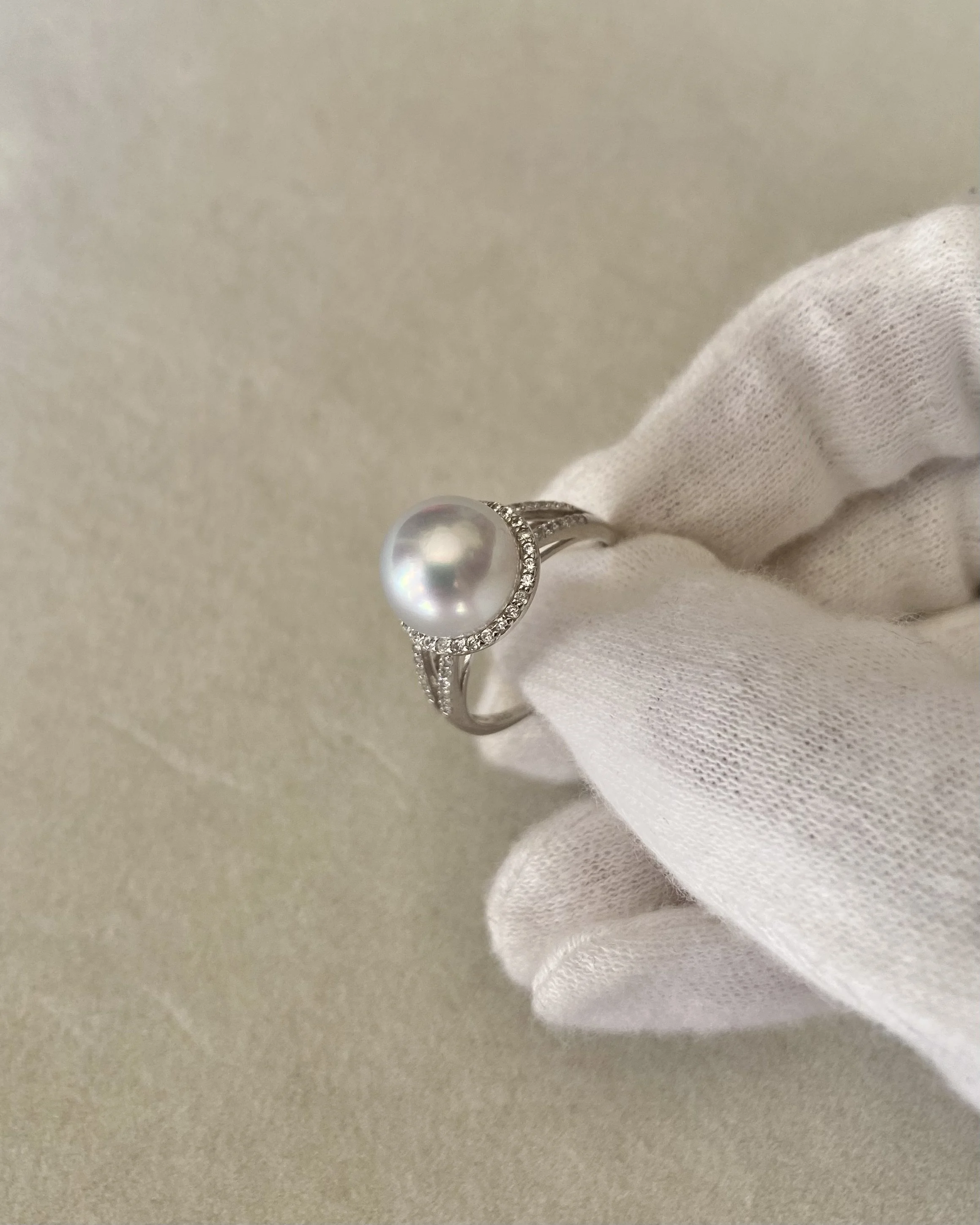 Silver White Australian South Sea Pearl Ring 9.8mm, Sparkling Halo & Split-Shank Design, Adjustable S925, Jewellery Exhibition Piece Starlit Pearls