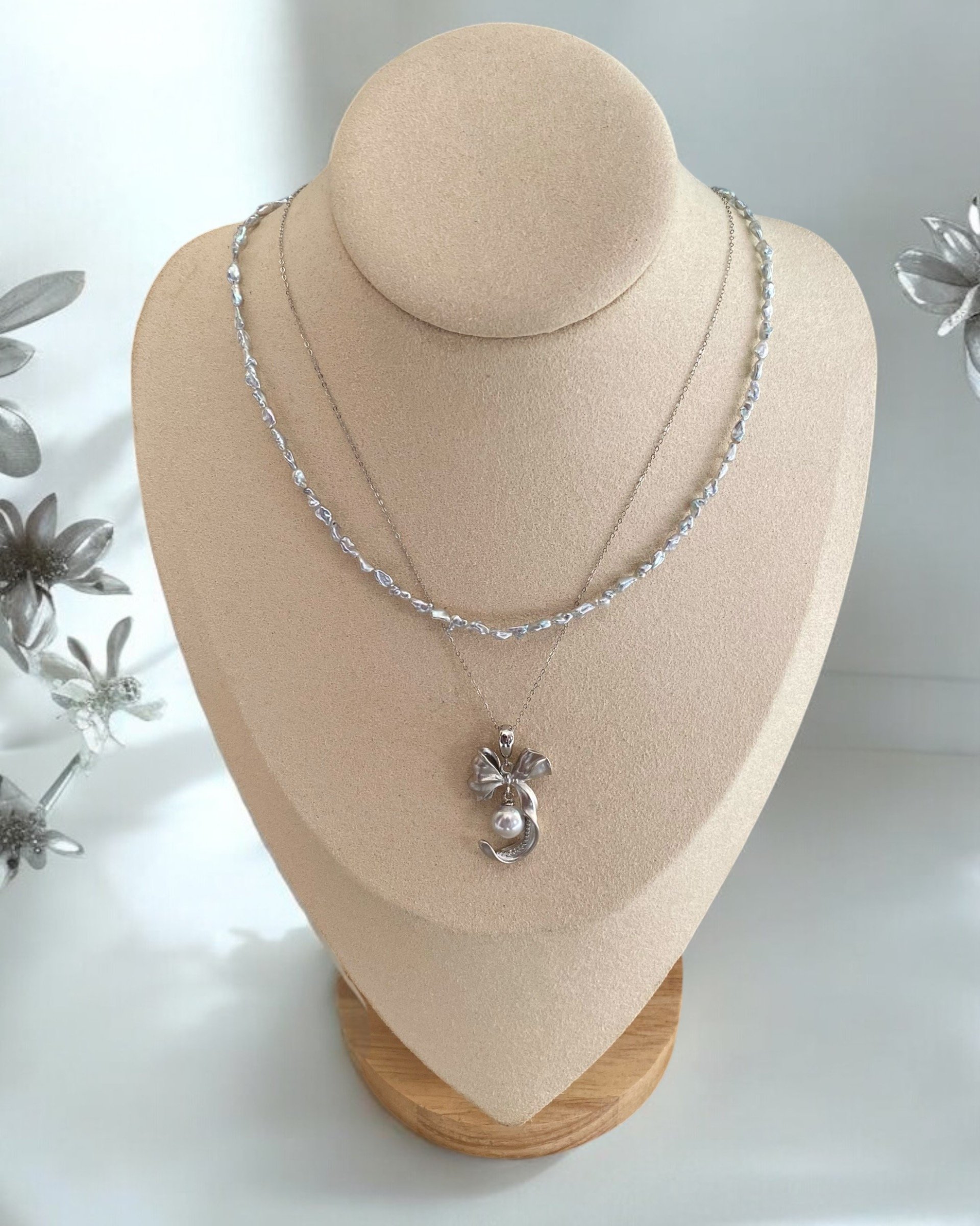 Original Japanese Pendant_Top-Tier Specially Selected Gr 8.3mm Japanese Natural Silver-Grey Madama Akoya Pearl, S925 Matte-Finish Bow Design Starlit Pearls