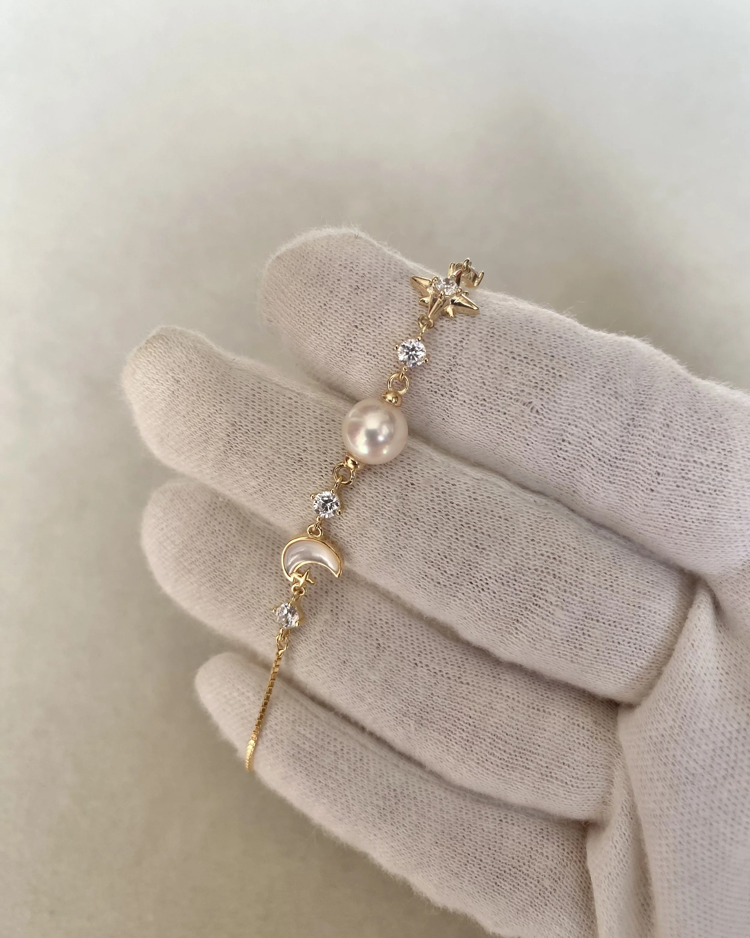 White Japanese Akoya Pearl Celestial Bracelet 7.4mm, MOP Moon & North Star with CZ, S925 Silver Adjustable Box Chain, Show Piece Starlit Pearls