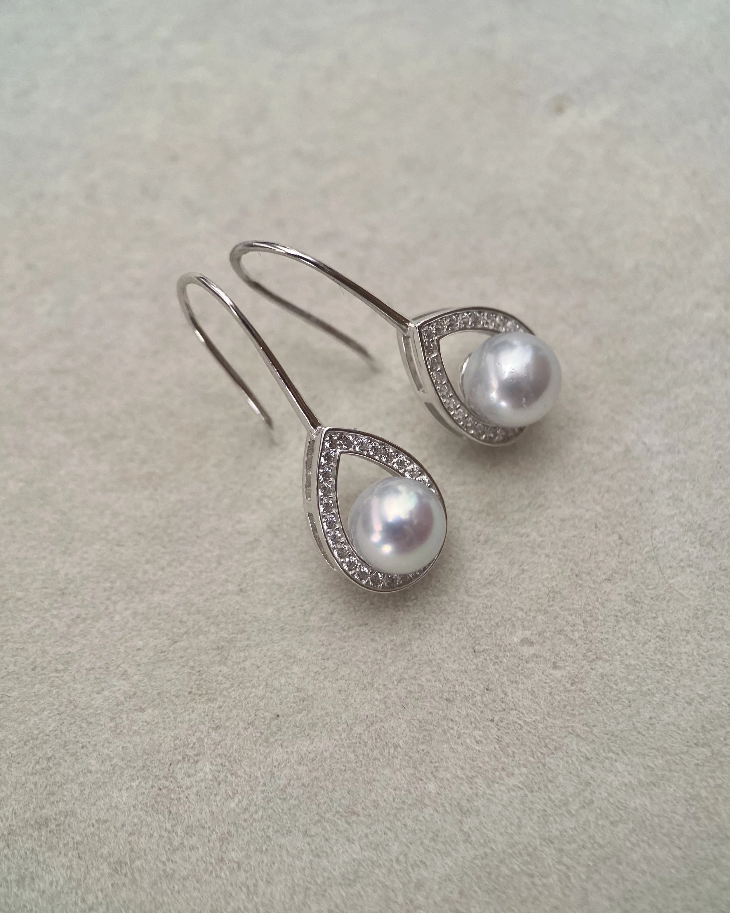 Japanese Airy Silver-Grey Madama Akoya Pearl Hook Earrings 6.7mm, S925 Silver Teardrop Pavé Halo Setting, Jewellery Exhibition Piece Starlit Pearls