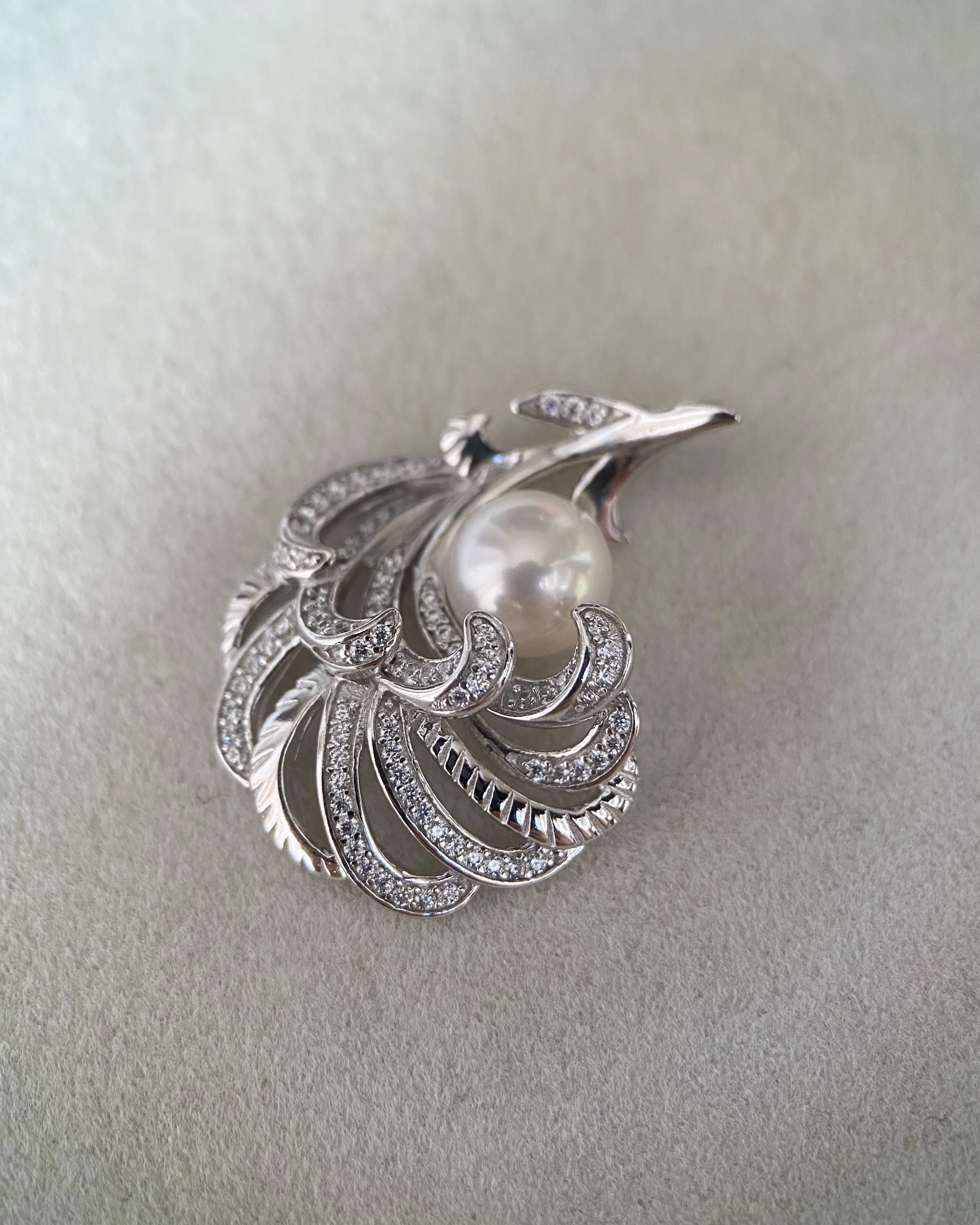 Top Quality Crystal White Japanese Akoya Pearl Pendant 8mm, Sculptural Layered Feather S925 Silver & CZ Design, Exhibition Piece Starlit Pearls
