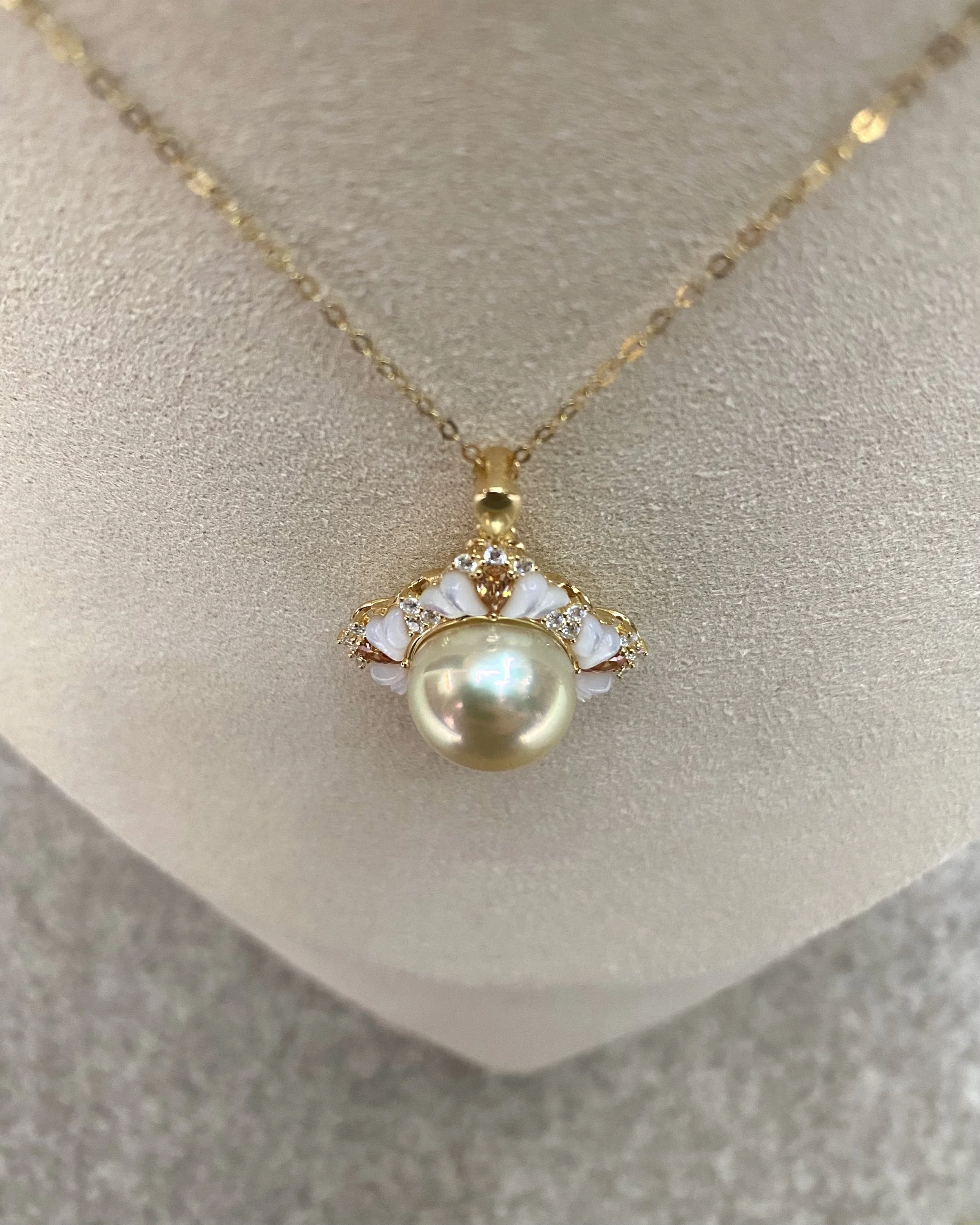 Ultra-Rare 13-13.5mm Lemon Candy Gold Japanese Amami Ōshima Pearl Pendant, 7A Mirror Lustre, Vintage Court-Style Floral S925 Silver MOP & CZ Starlit Pearls