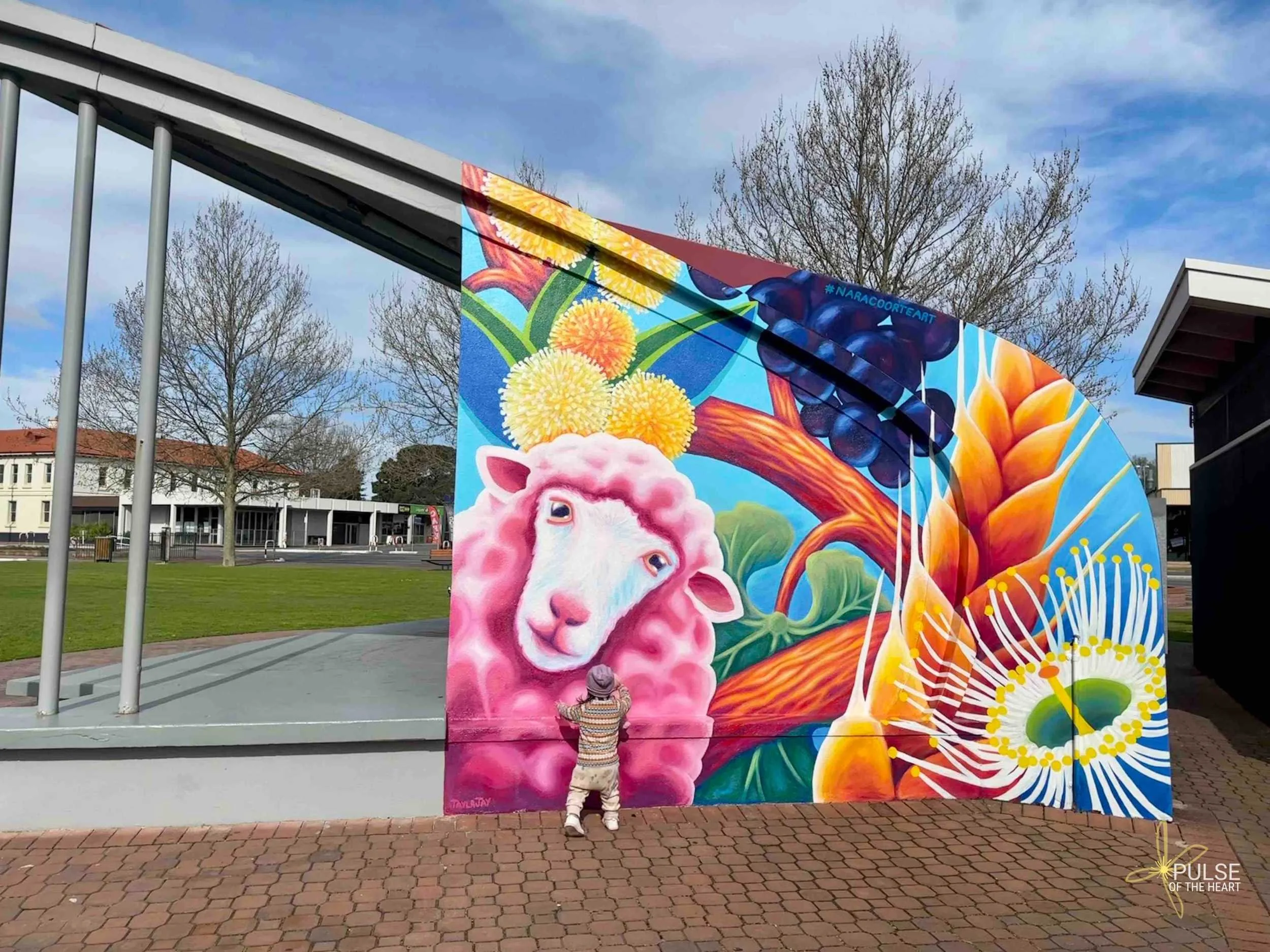 Toddler in front of brightly coloured sheep mural on the Sound Shell in Naracoorte Town Square.