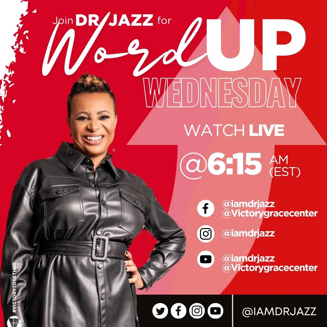 Promotional flyer for Dr. Jazz's Wednesday live stream at 6:15 a.m. EST with a smiling woman wearing a black leather jacket. The flyer includes social media handles and icons for Facebook, Instagram, YouTube, and Twitter.