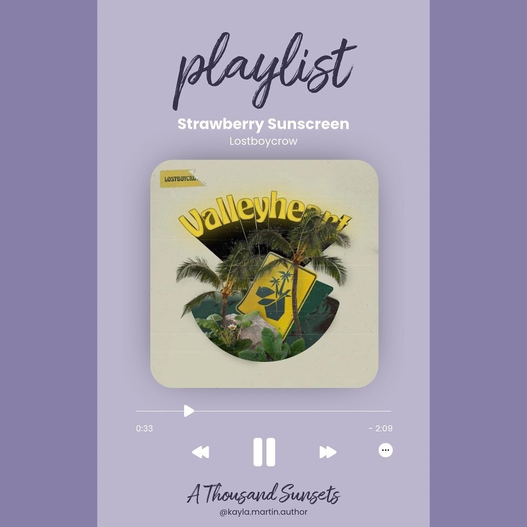 🎼 PLAYLIST SONGS

Shoutout to @woahnelliewrites for introducing me to this band while I was drafting my book 🫶🏼

🎵 Strawberry Sunscreen by Lostboycrow
📚 A Thousand Sunsets
🗓️ Out May 21, 2024

Meet me under the movie screen
I&rsquo;ll kiss your