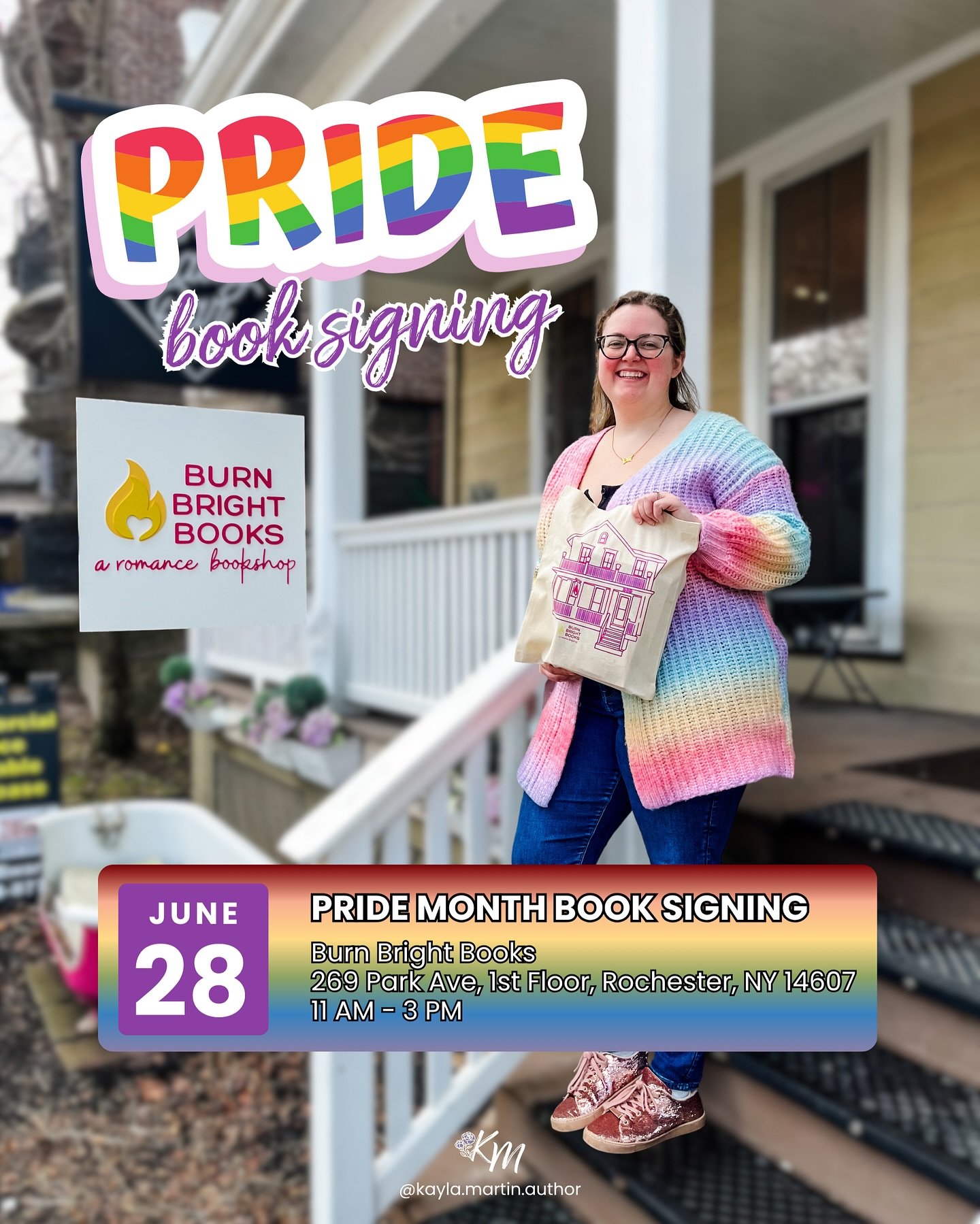 It&rsquo;s a Pride Month book signing!! 🏳️&zwj;🌈

Join me at @burnbrightbookshop and check out Rochester&rsquo;s first romance only bookstore! You can also enter to win a signed copy of my next book, Roll of the Dice&mdash;which features a bi FMC a