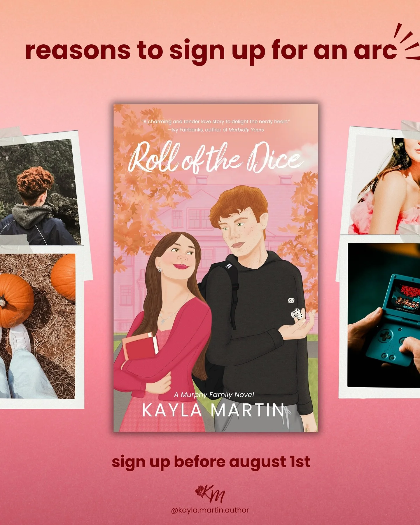 do you need some more reasons to sign up for an ARC??? Cause they [redacted] after the pumpkin patch in a [redacted] 😉

What to expect: 
&mdash; College Romance
&mdash; Queer Rep (Bi &amp; Demi)
&mdash; Dual POV
&mdash; Open Door Spicy Scenes
&mdash