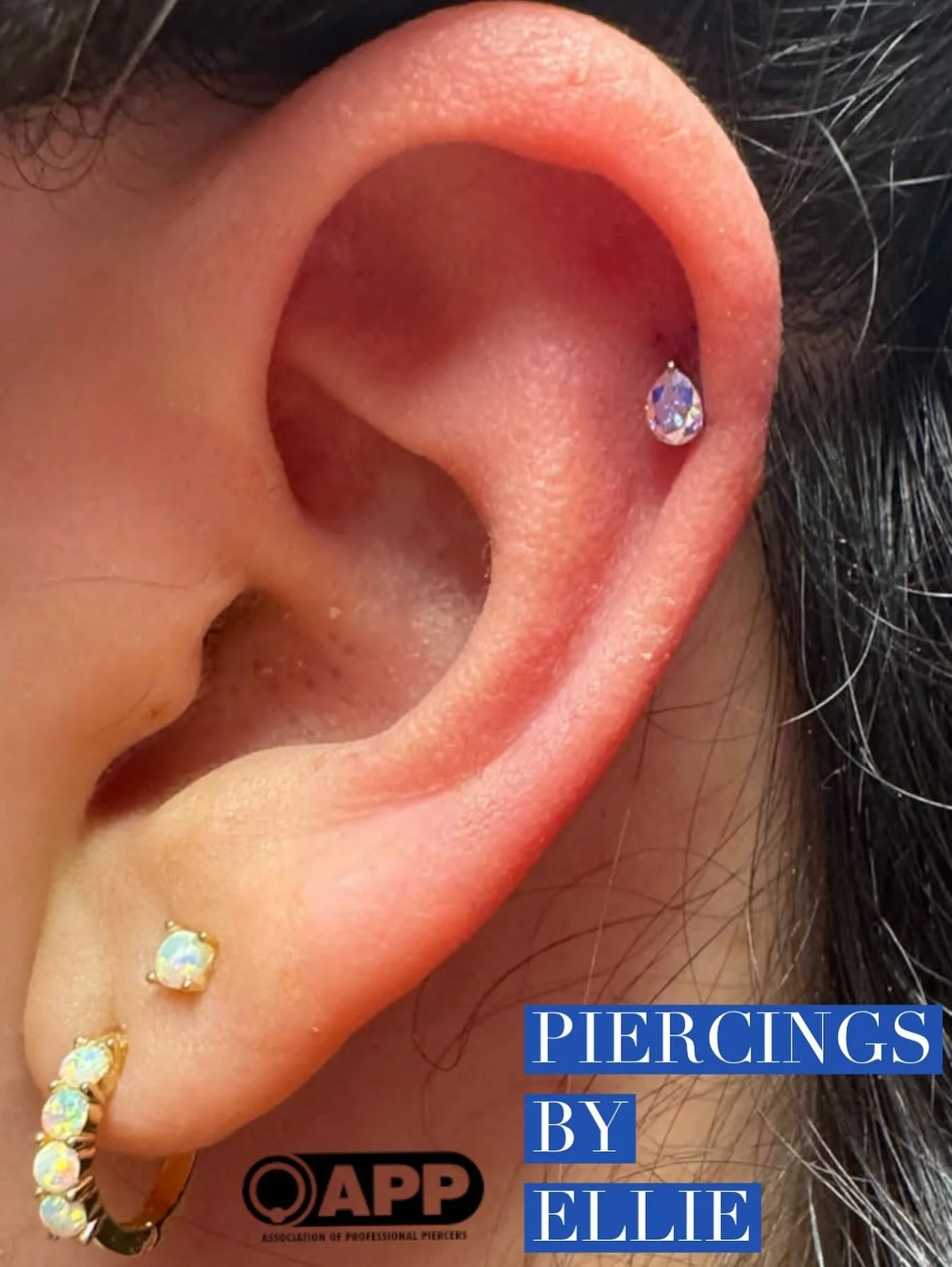 ✨ A little northern lights magic captured in a pear shape! Helix piercing with Aurora Borealis pierced by Ellie 💫

Don&rsquo;t forget Ellie&rsquo;s now here Sundays 12&ndash;2 and Mondays 4&ndash;6 for all your piercing and jewelry needs🩷