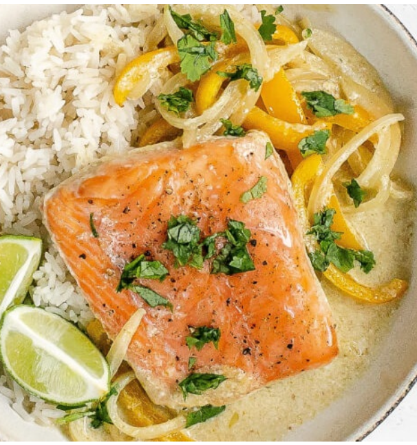 Salmon green curry with rice and limes