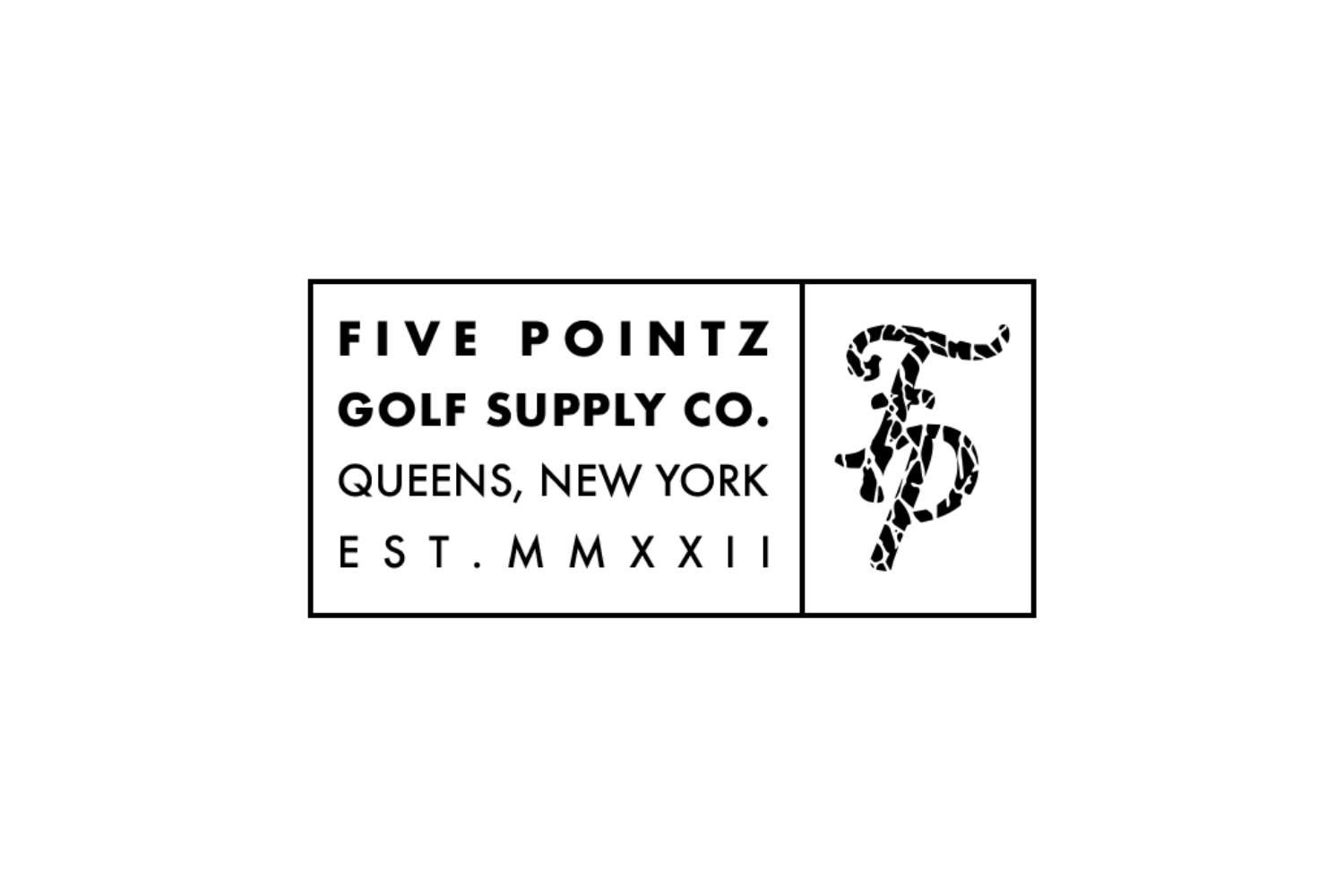 Logo of Five Pointz Golf Supply Co., Queens, New York, established in 2022, with a stylized snake wrapped around a 'P'.