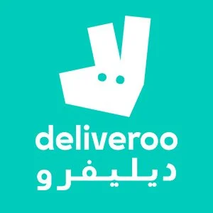 Deliveroo logo with a stylized rabbit face and the word 'deliveroo' in English and Arabic.