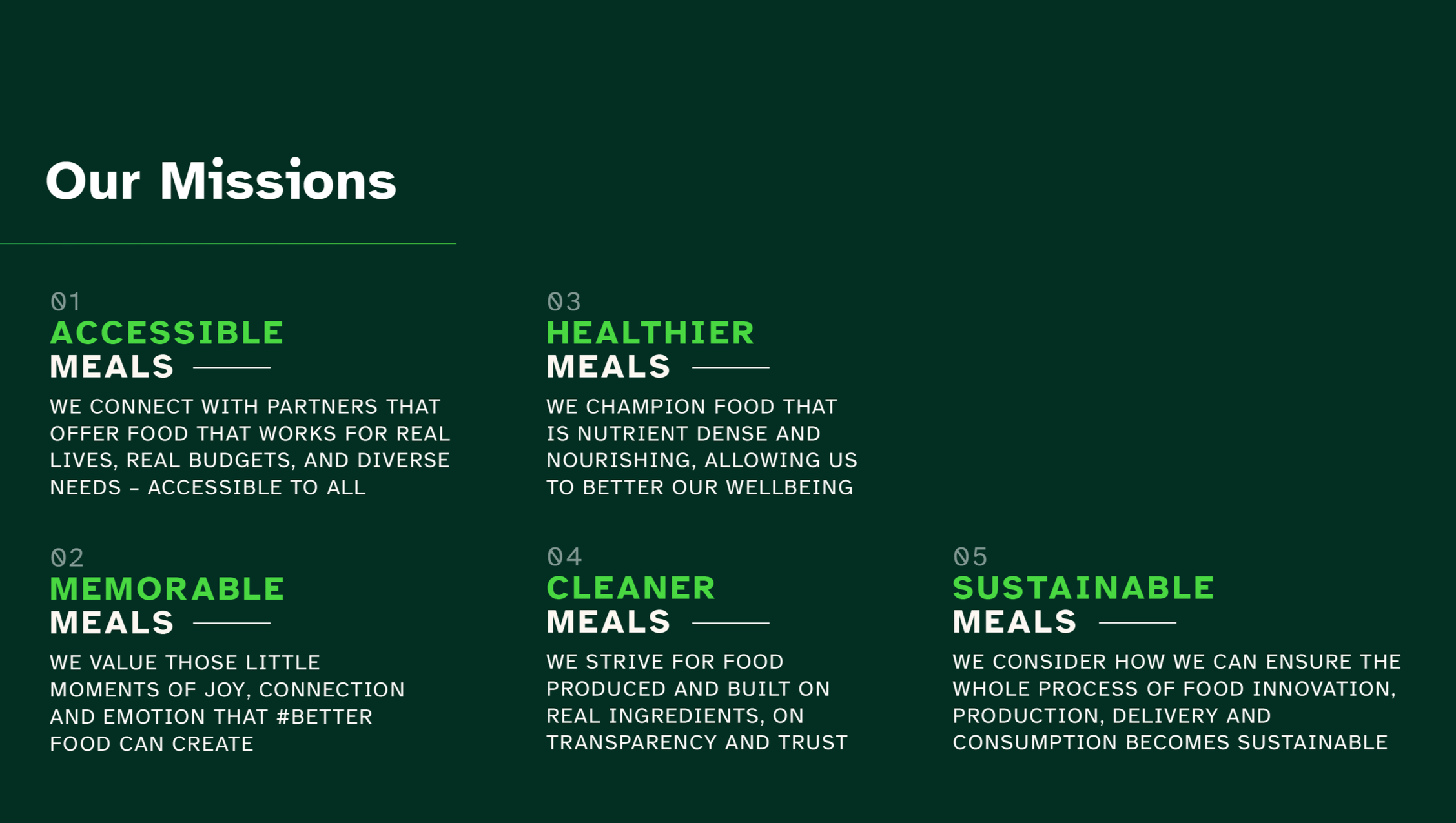 Part of a webpage titled 'Our Missions' listing different types of meal initiatives including accessible, healthier, memorable, cleaner, and sustainable meals, each with description text.