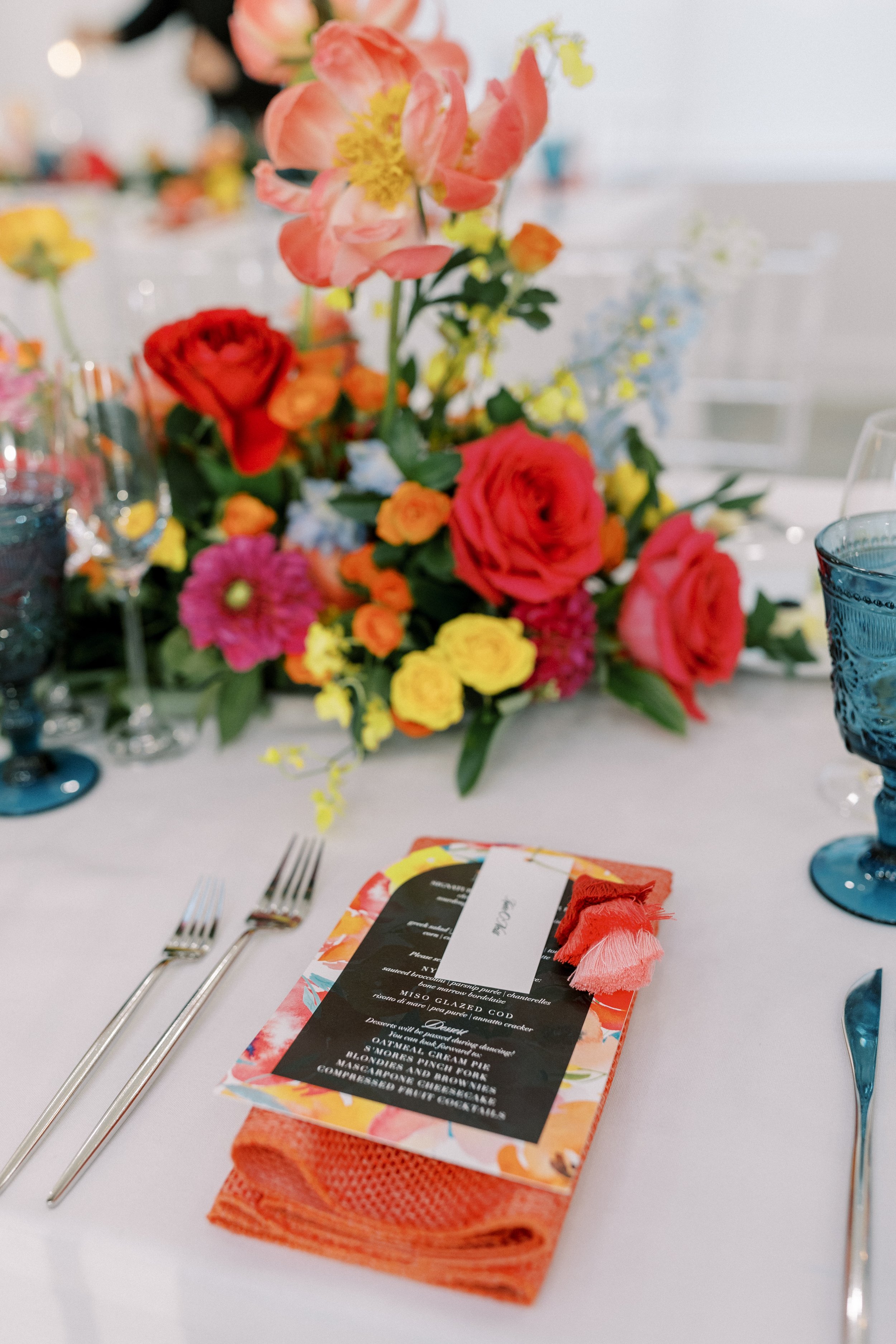 Colorful Wedding Menus with Tassels and Place Cards