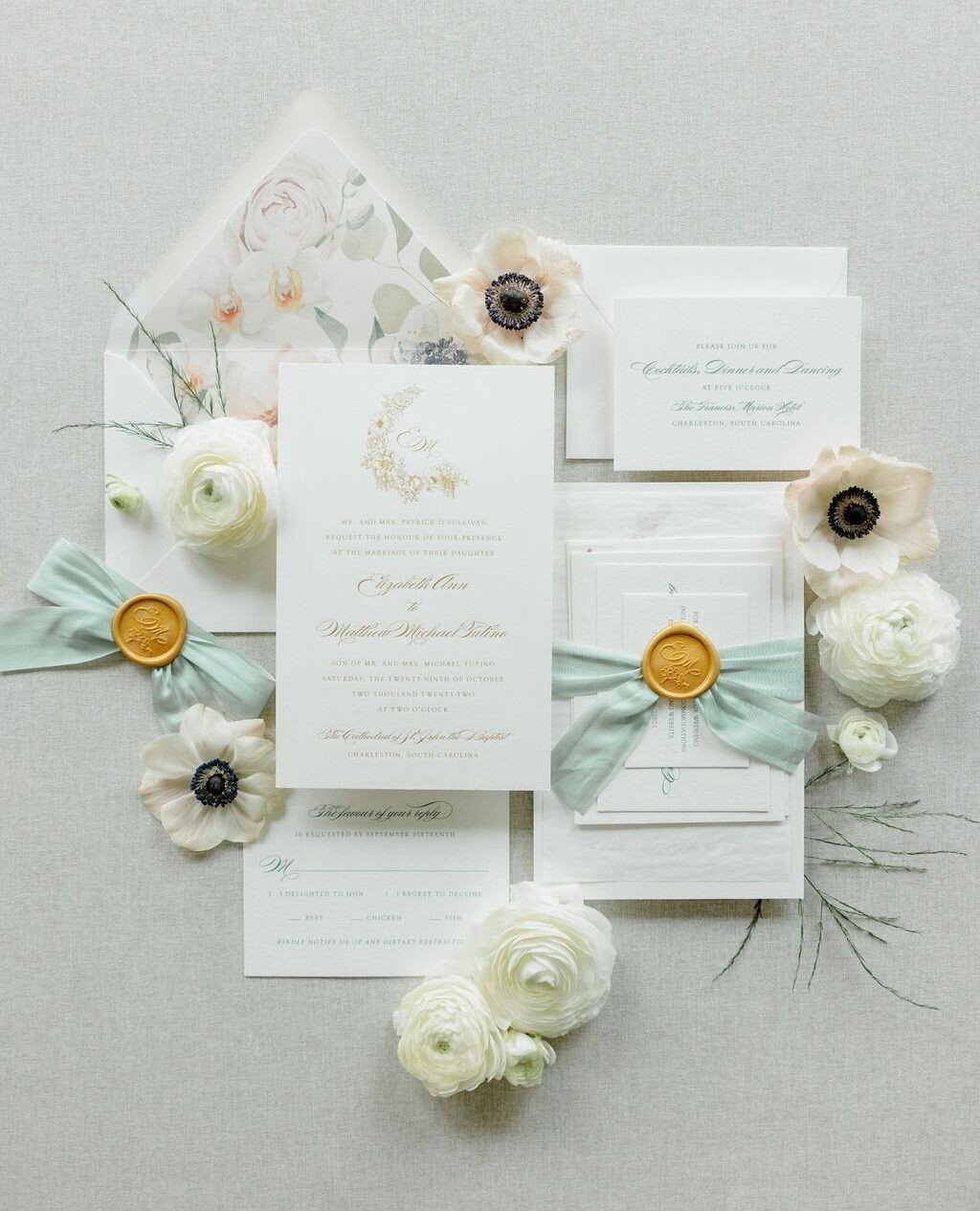 The fine print.⁠
This suite exudes the timeless charm of Charleston. The aspect of this design that I admire most is the floral wrap featuringE+M's initials, intricately adorned with Spanish moss in finely engraved gold print.⁠
⁠
Photo | @Kimberly.Hi