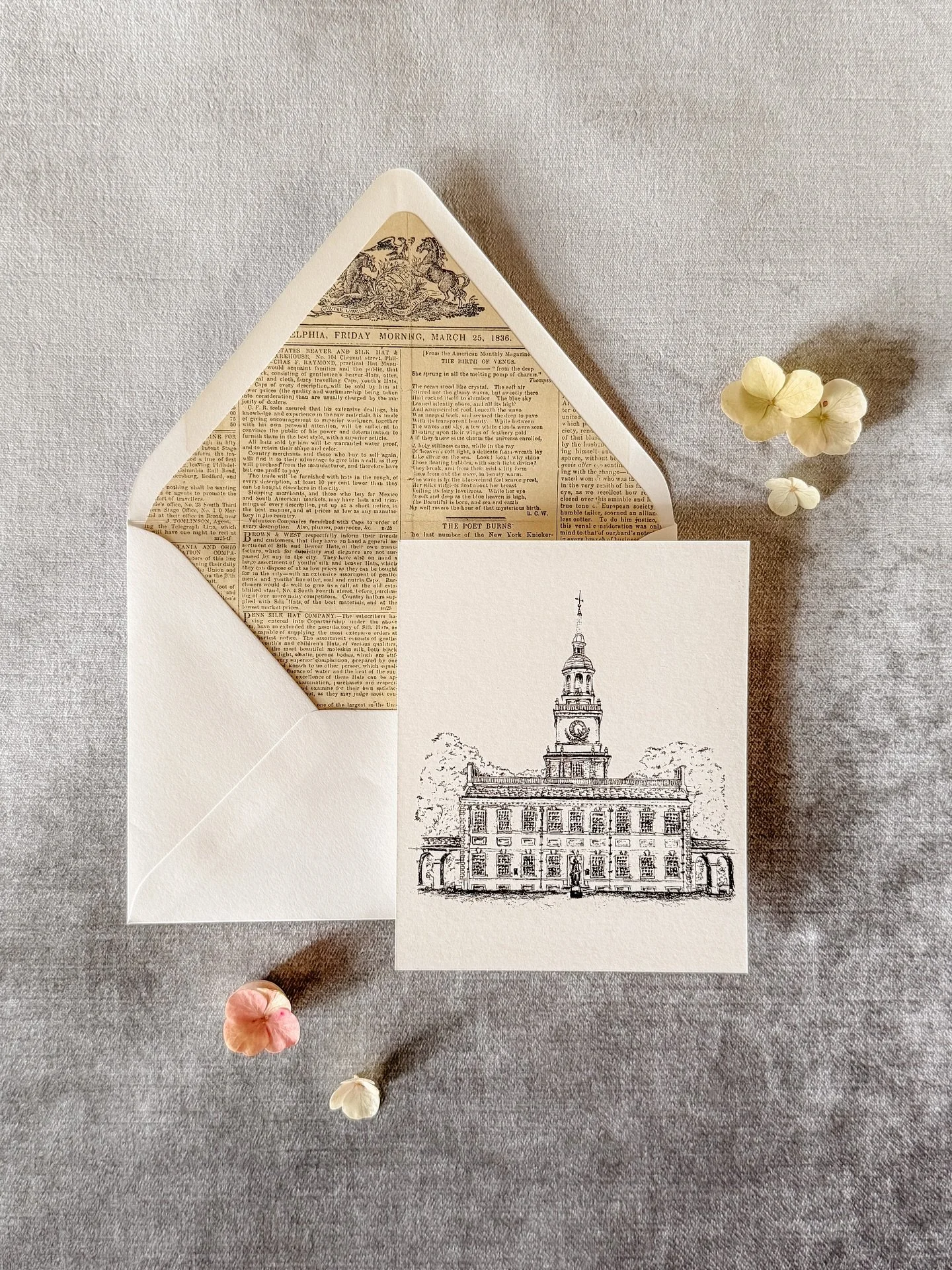 History in every detail.

C+T were married this past weekend at The Down Town Club in Philadelphia, a striking venue with roots as the former Public Ledger building. These two are true history buffs, so we made sure their invitation suite felt like a