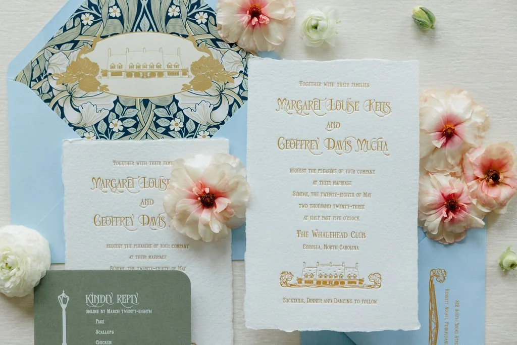  Art Nouveua invitation suite for a wedding at the Whalehead Club in the Outer Banks, NC 