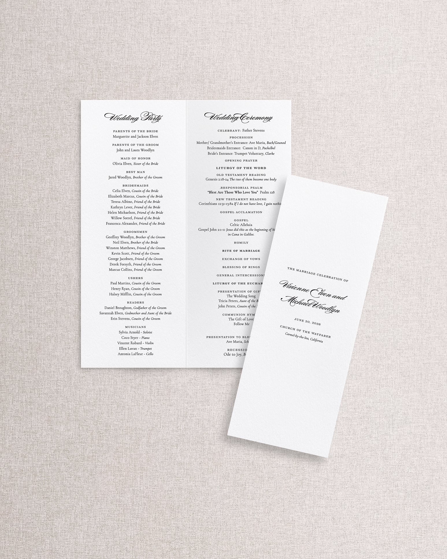 A folded wedding program for a religious wedding ceremony