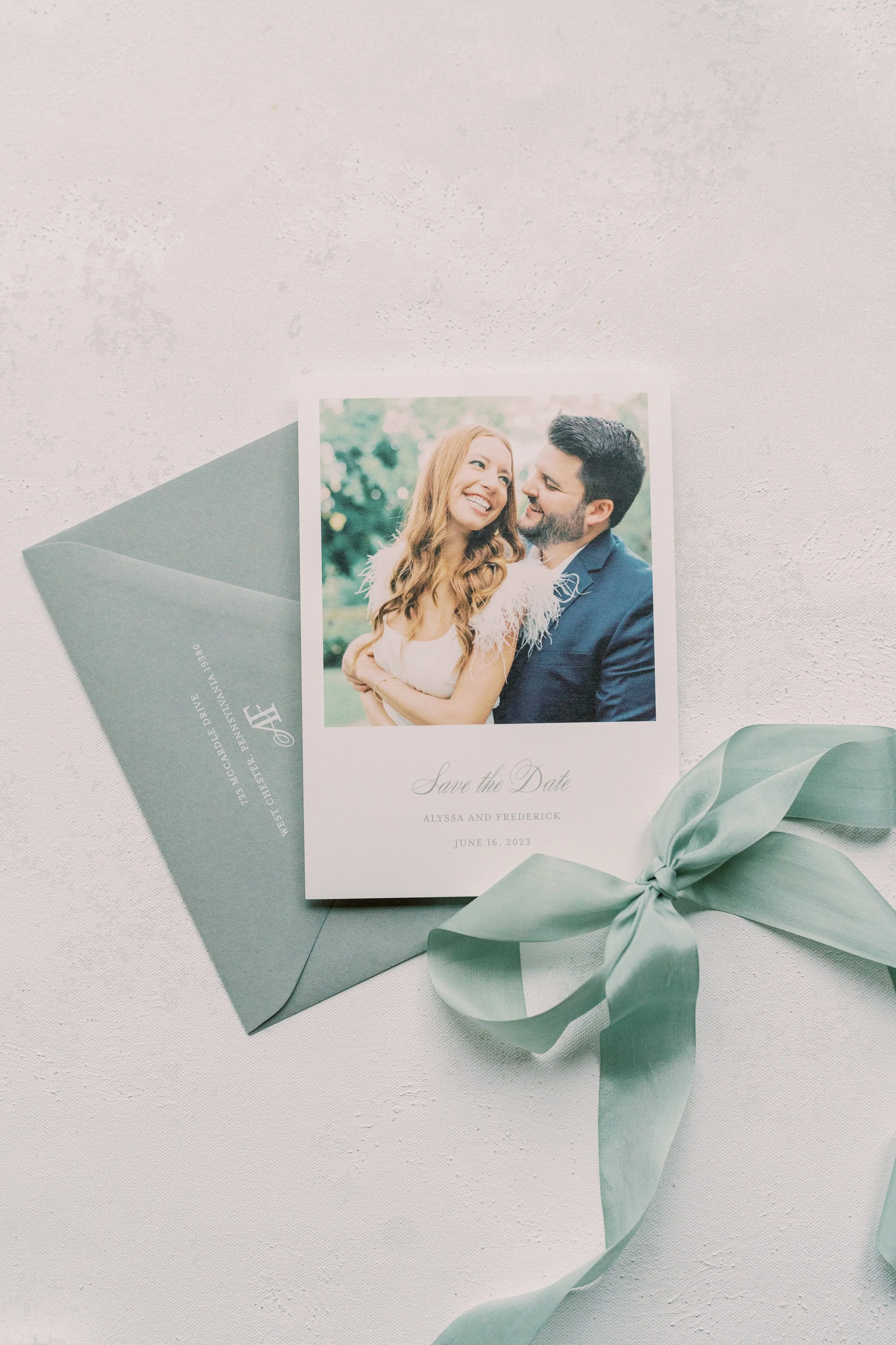 photo save the date with calendar and sage green envelope