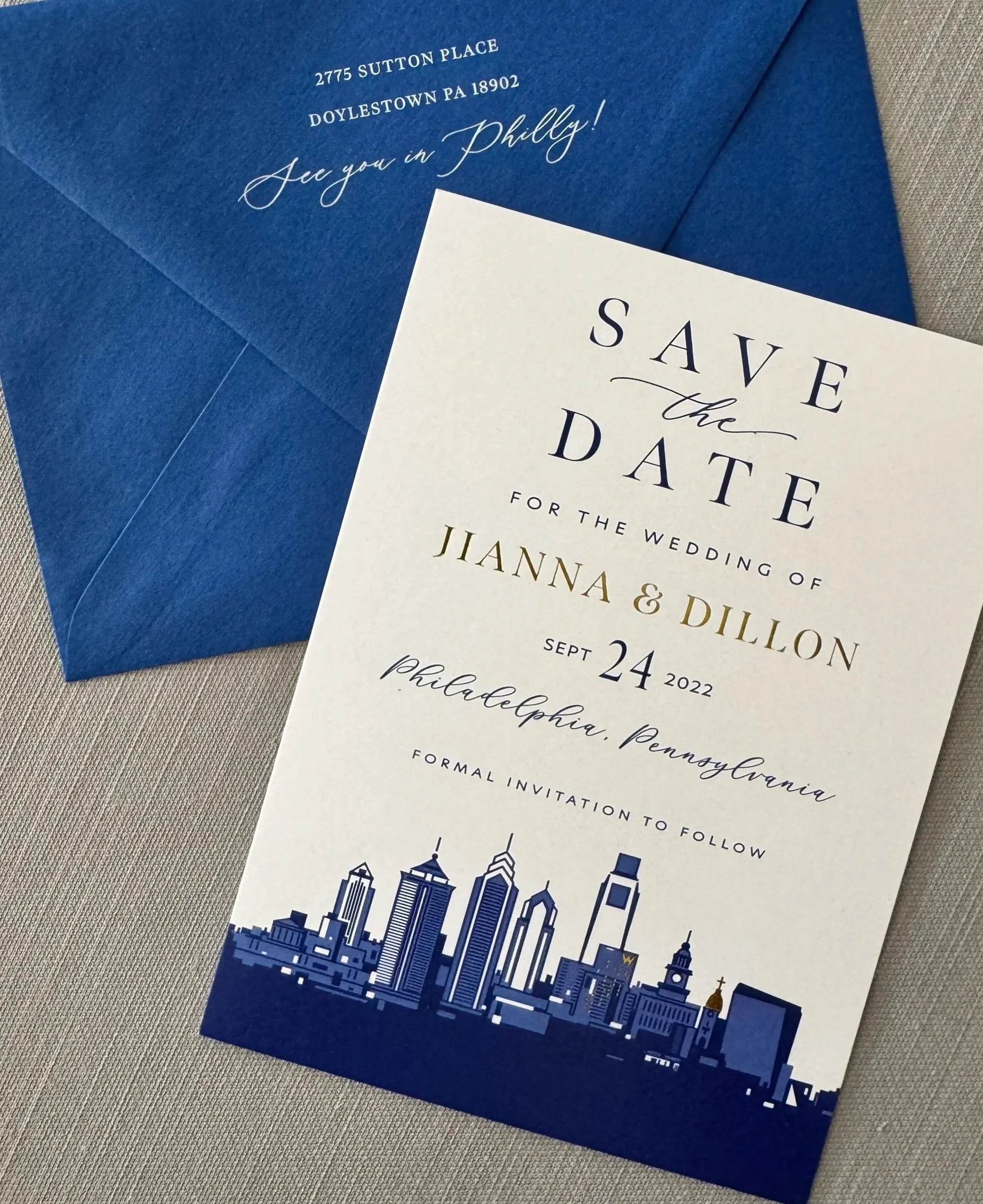 Custom city-inspired save the date with envelope, designed by Stone Hill Paperie