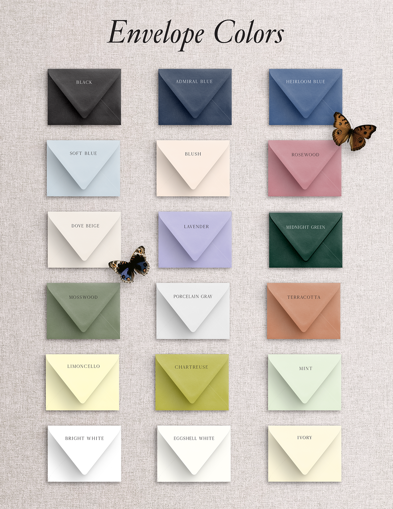 Several different envelope colors shown to select from for the Stone Hill Paperie Curated Collection